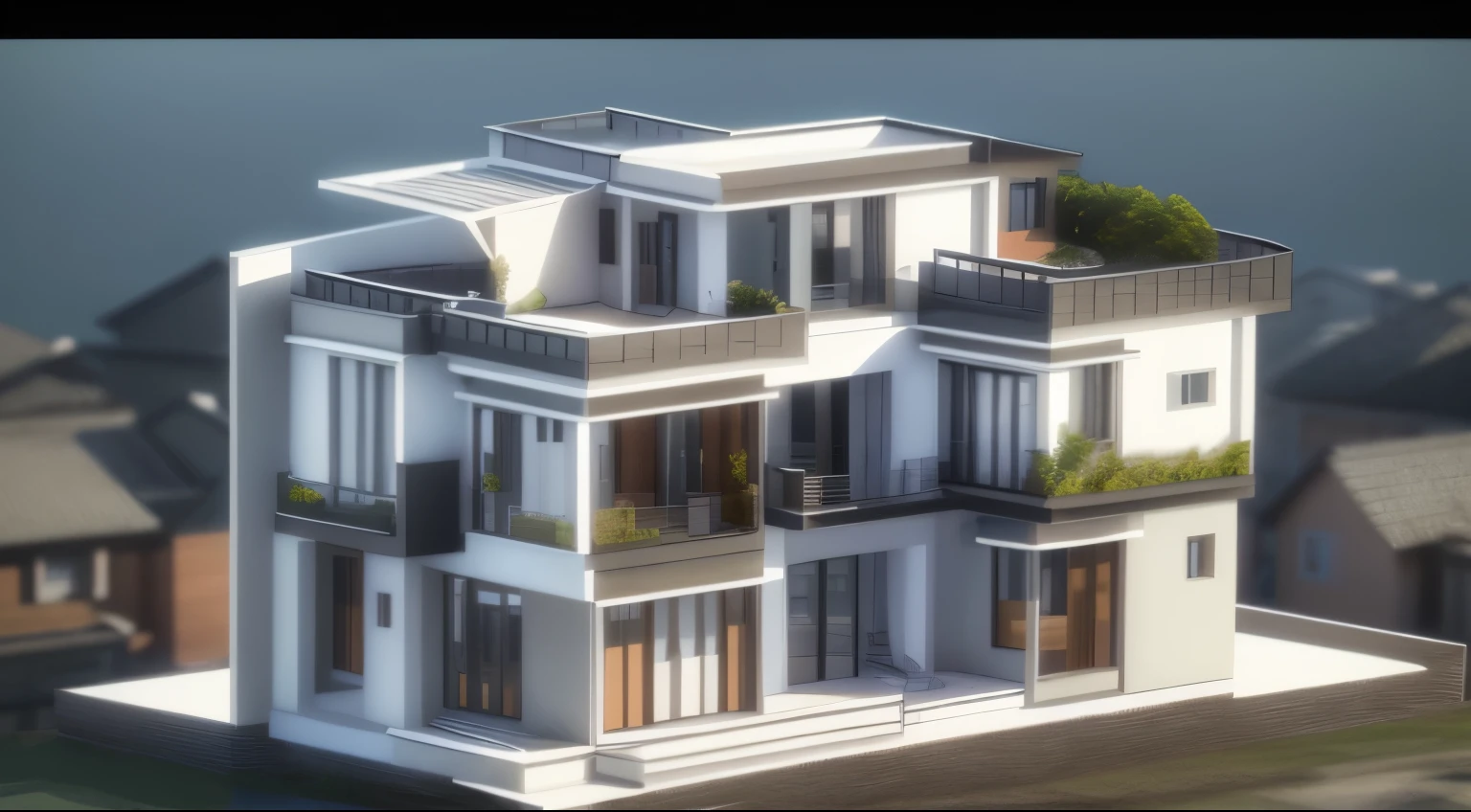 a close up of a building with a balcony and a balcony, inter dimensional villa, highly detailed model, an extremely detailed building, 3 d highly detailed, 3d highly detailed, complete house, isometric view from behind, front elevation view, isometric perspective view, contemporary house, highly detailed architecture, detailed rendering, overall architectural design, highly detailed render, digital model