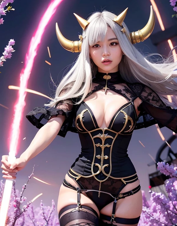 Professional , masterpiece、highest quality、Photo Real , Depth of written boundary 、idol smile、maikurobikini、（White Gemstone Body:1.2)、mysterious expression、（Cleavage）、Jewel Gold Weapon、Particles of light),A huge arsenal of luxurious gold ,（（ ドラゴンProfessionalテクター （Realistic：1.4），）） , （Devil's Wings）   ,Warhammer 40K 、（（Silver hair with a gradation that turns blue towards the ends））、（Devil's Wings）、（（Gangl Forest Background））、美しい白people美people、１people、Dynamic Angle,(((Two small drill-shaped horns on the head)))、Small head、idol smile、Slender and beautiful female hands、Cleavage、mysterious expression、Light effects、Intense Combat、Wind effect、magic circle、dragon tail、knees、Toostook、Black lace dress、Slender body