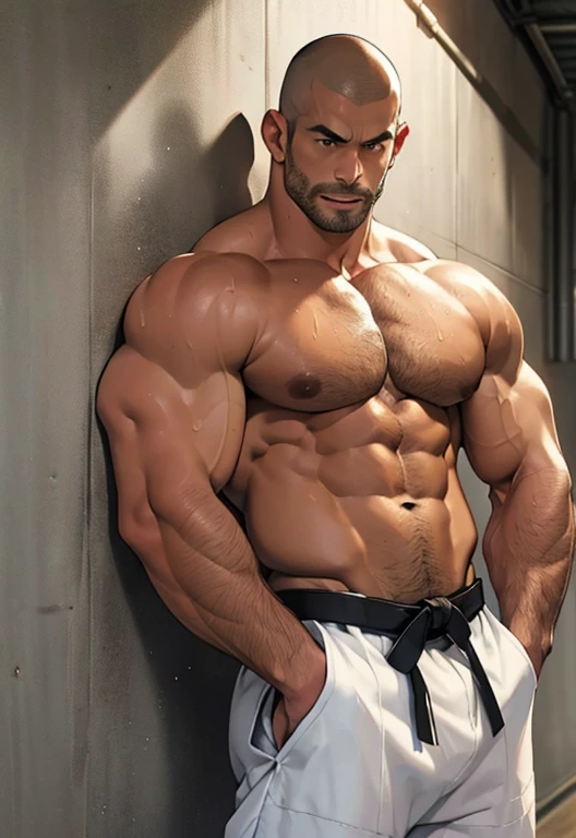 Shirtless and wearing white pants、A 35-year-old Japanese, bare-chested, skinny physique athlete with a shaved head, black belt and moustache is leaning his back against a wall in a dimly lit dojo.,Oblique front view from the waist up,Put your hands in your pockets,sweat flowing,Open your mouth wide,His whole back is against the wall,Pathological look,Staring straight ahead,Horrific morphology