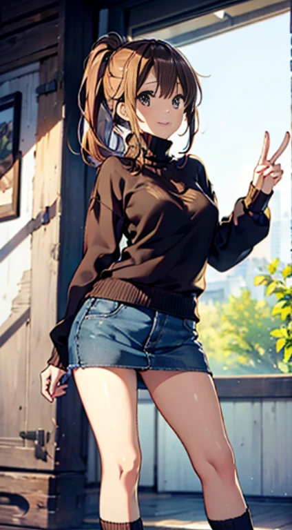 (from above:1.2),(from side:0.9), ((Face)), (Close-Up:0.4), 1female, teacher, wearing a hoodie, bootyshorts, Thicc, small breast, light colored hair, long hair, blue eyes, face to detail, detailed eyes, the background is a pizzaria, smiling, highest quality, (RAW photo:1.2)(Curve,Model,glamor:1.5),Beautiful breasts,(pointed chest:1.0),Farbe_aberration,beautiful detailed shadow,Beautiful eyes,Beautiful body,Beautiful skin,beautifull hands,(medium_breasts:1.5),Brown hair,watching at viewers,black suspenders,Bulging big,breasts,walls: Black miniskirt, garters, Gaze, Small face,bangss,holster,Beautuful Women,hands up,leg holster,Gaze,black boots panty shot, provocation,flank,flank sweat soio,arm,,narrow waist,(with sparkling eyes and a contagious smile),her thin pubic hair, looking at viewer, posed cleavage:1.2,pose muy sexy"