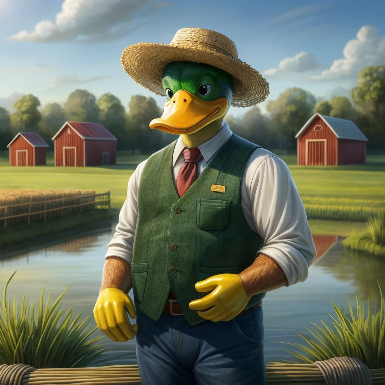 A highly realistic and detailed image of a humanoid duck farmer, with a expressions of focused concentration or contentment, standing amongst a lush, green duck farm. His body is covered in clothes typical of farming attire, with a soft, feathery duck down vest and a wide-brimmed hat protecting him from the sun. The duck farm surrounds him, with a serene pond filled with quacking ducks in the foreground, and rows of duck houses stretching out into the distance. The image is rendered in ultra-high definition, with 8k HD resolution, and features meticulously detailed textures and lighting. The farmer's face is depicted with a gentle, creased complexion and a