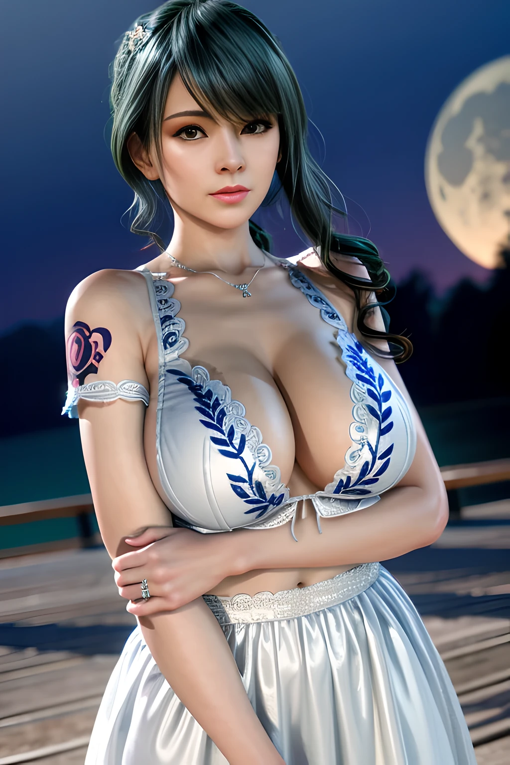 1 girl,standing posture, (Embroidered Trim Wedding Dress), nighttime,moon,( huge breasts:1.1),cleavage,shiny skin,lip gloss,( tattoos:1.2), masterpiece, best quality, realistic ,Surrealism,Rich artistic colors, 8K,3D,Portrait art,solo, tamaki