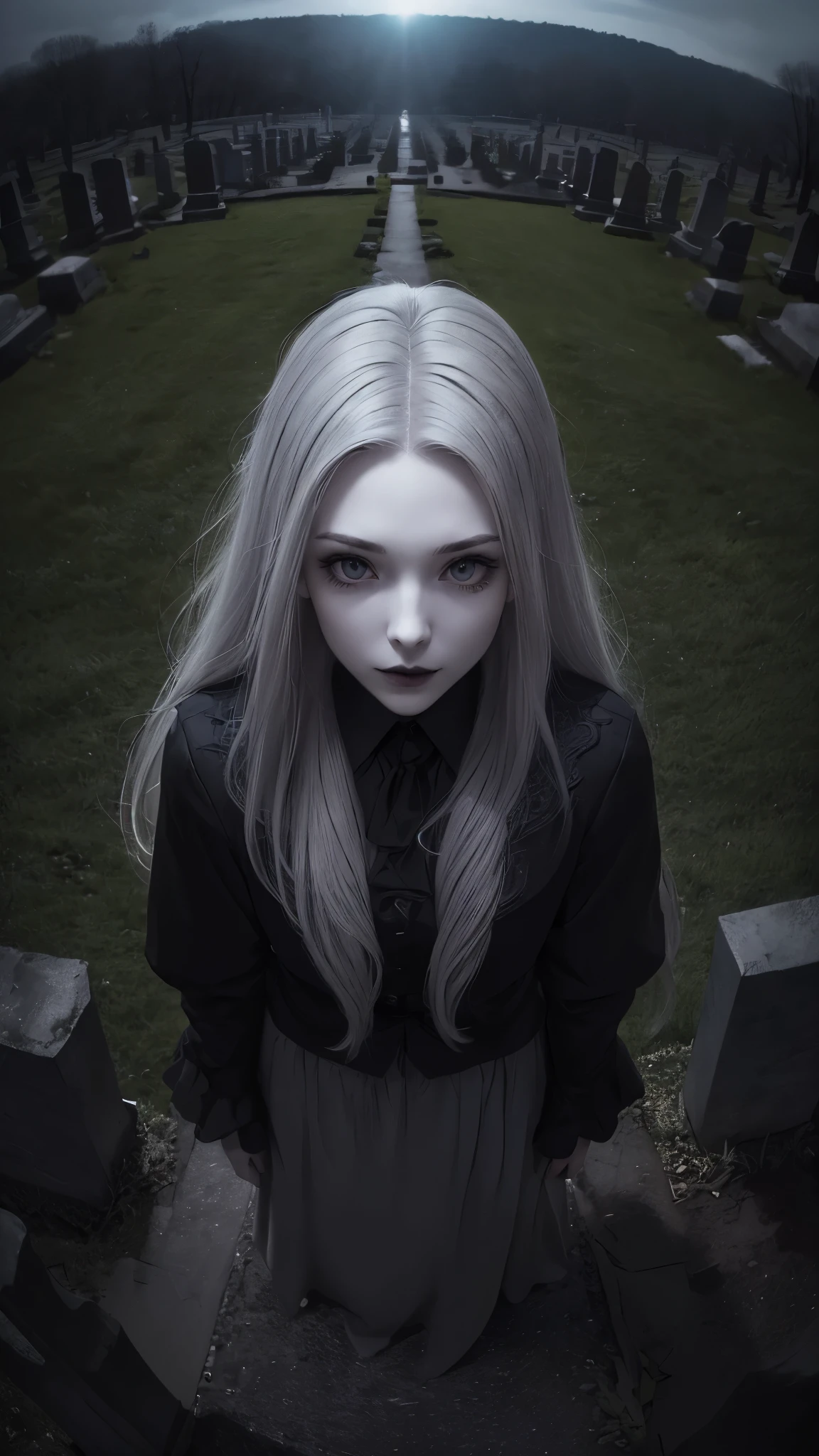 (ultra high definition, 8k, masterpiece: 1.3) ((long gray hair)) ((pale skin)) ((black lips)) It is surrounded by tombstones and the background is a dark cemetery., depth of field, fish eye lens, highest detail, view from above