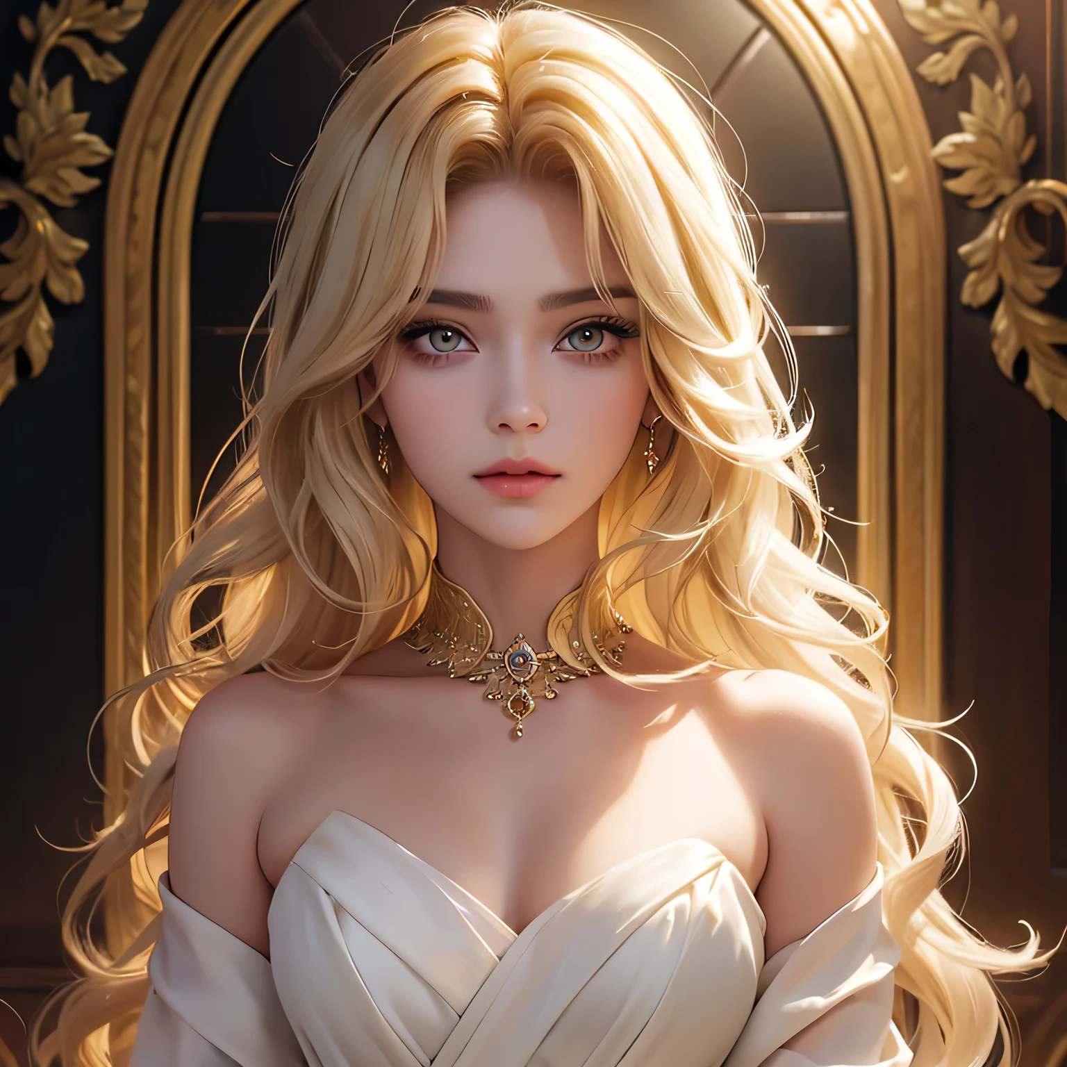 Yellow golden eyes, monolid eyes, long hair, white silk wavy hair, wavy haircut, a girl, detailed sharp eyes, normal face, beautiful lady, bright color, and she is a royal princess.