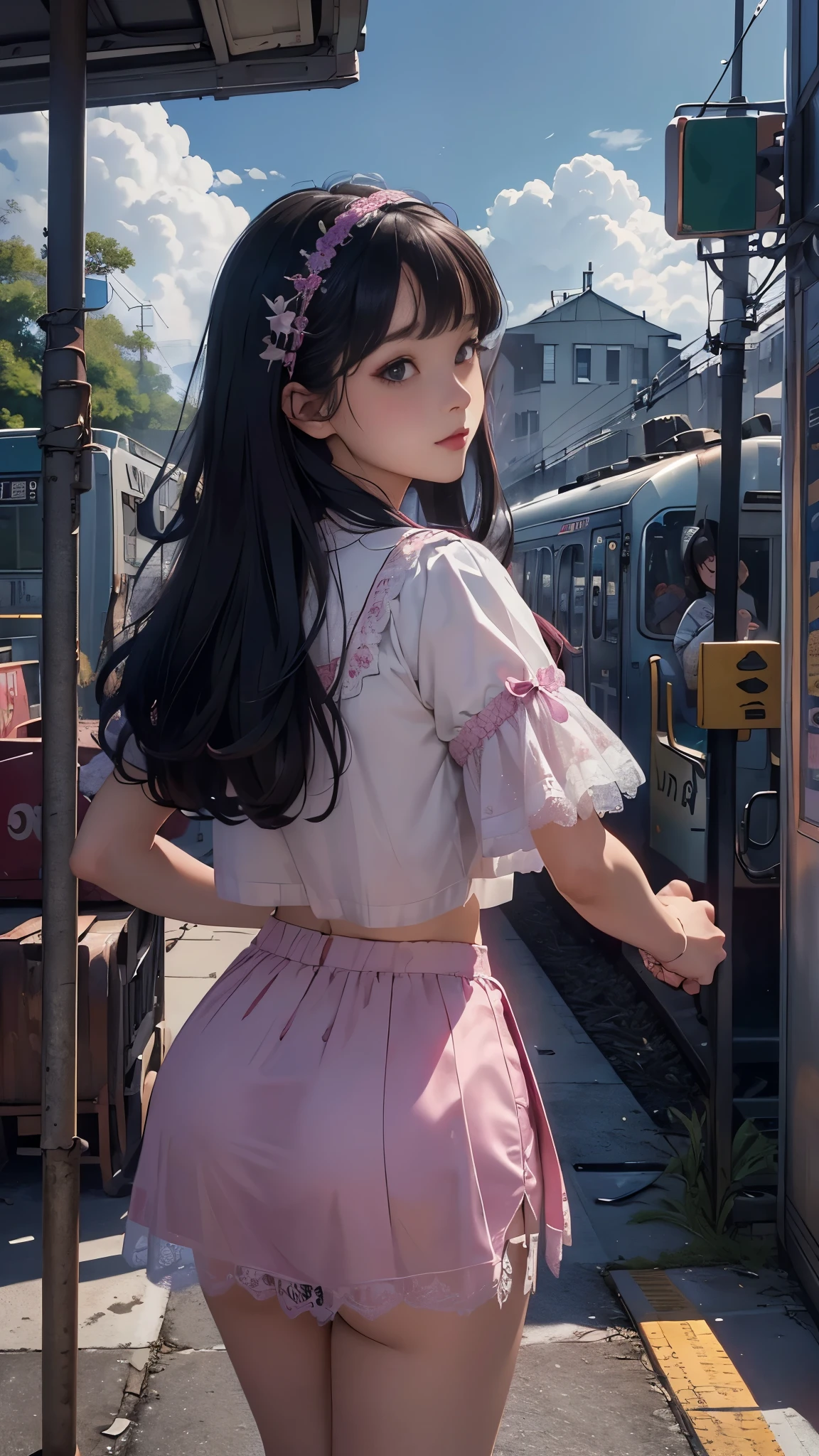 magenta tint、vibrant with colors、((tmasterpiece)))、(((quality)))、((ultra - detailed))、(Surreal)、(black transparent， lace panties)，(Very detailed CG illustration）、offcial art、CD cover、It will be、midsummer、The glorious 1980s、1 Sister，ssmile、cochetti gorgeous、incomparable beauty、long whitr hair，short blouse，Superskirt、perfect angle、Perfectcomposition、corner store，(evening，trains station，trains，Cloud)，