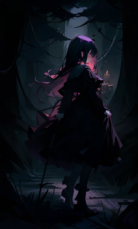 (highest quality), 1 Girl, :d,((Eerie Dark Forest:1.6)),(((Full Body:1.3))),(((((Cute clothes))))),Dark purple hair,Messy long hair,straight hair,red eyes,((Walking through a dark forest)),It's a very scary forest,Black gothic long dress,(Melancholy expression:1.5),((((It's very dark out there)))),Candles are hung on the trees on both sides,The candles light up the dark forest,