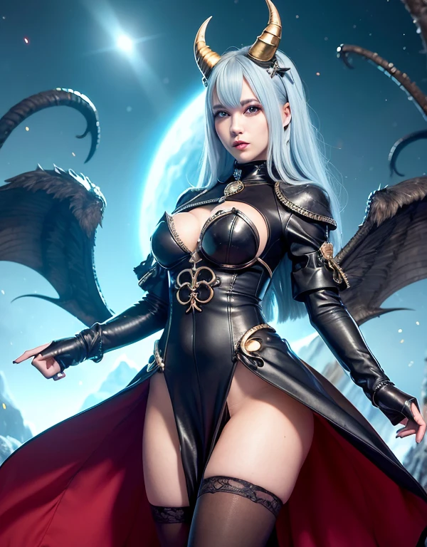 Professional , masterpiece、highest quality、Photo Real , Depth of written boundary 、idol smile、maikurobikini、(White Gemstone Body:1.2)、mysterious expression、(Cleavage)、Jewel Gold Weapon、Particles of light),A huge arsenal of luxurious gold ,(( ドラゴンProfessionalテクター (Realistic:1.4),)) , (Devil's Wings) ,Warhammer 40K 、((Silver hair with a gradation that turns blue towards the ends))、(Devil's Wings)、((Gangl Forest Background))、美しい白people美people、1people、Dynamic Angle,(((Two small drill-shaped horns on the head)))、Small head、idol smile、Slender and beautiful female hands、Cleavage、mysterious expression、Light effects、Intense Combat、Wind effect、magic circle、dragon tail、knees、Toostook、Black lace dress、Slender body