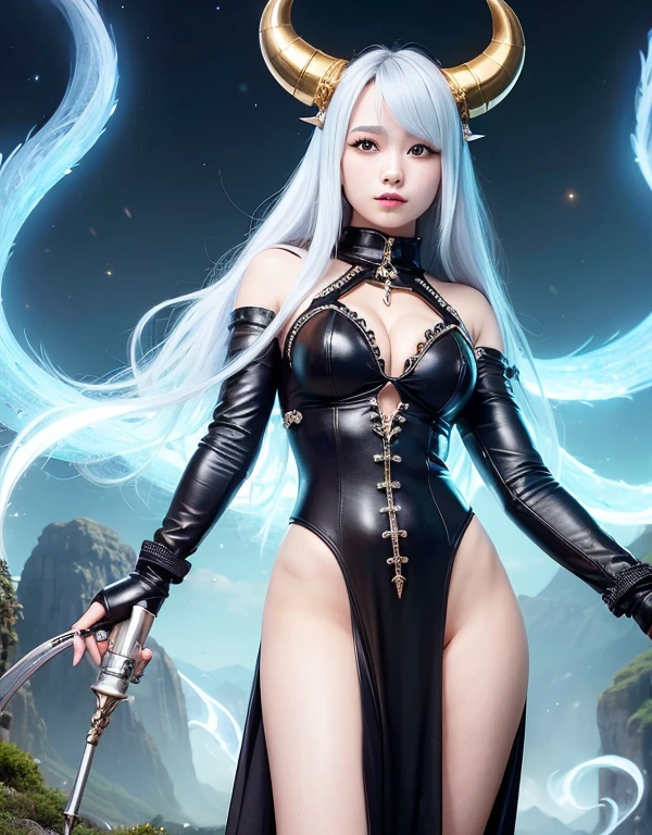 Professional , masterpiece、highest quality、Photo Real , Depth of written boundary 、idol smile、maikurobikini、(White Gemstone Body:1.2)、mysterious expression、(Cleavage)、Jewel Gold Weapon、Particles of light),A huge arsenal of luxurious gold ,(( ドラゴンProfessionalテクター (Realistic:1.4),)) , (Devil's Wings) ,Warhammer 40K 、((Silver hair with a gradation that turns blue towards the ends))、(Devil's Wings)、((Gangl Forest Background))、美しい白people美people、1people、Dynamic Angle,(((Two small drill-shaped horns on the head)))、Small head、idol smile、Slender and beautiful female hands、Cleavage、mysterious expression、Light effects、Intense Combat、Wind effect、magic circle、dragon tail、knees、Toostook、Black lace dress、Slender body