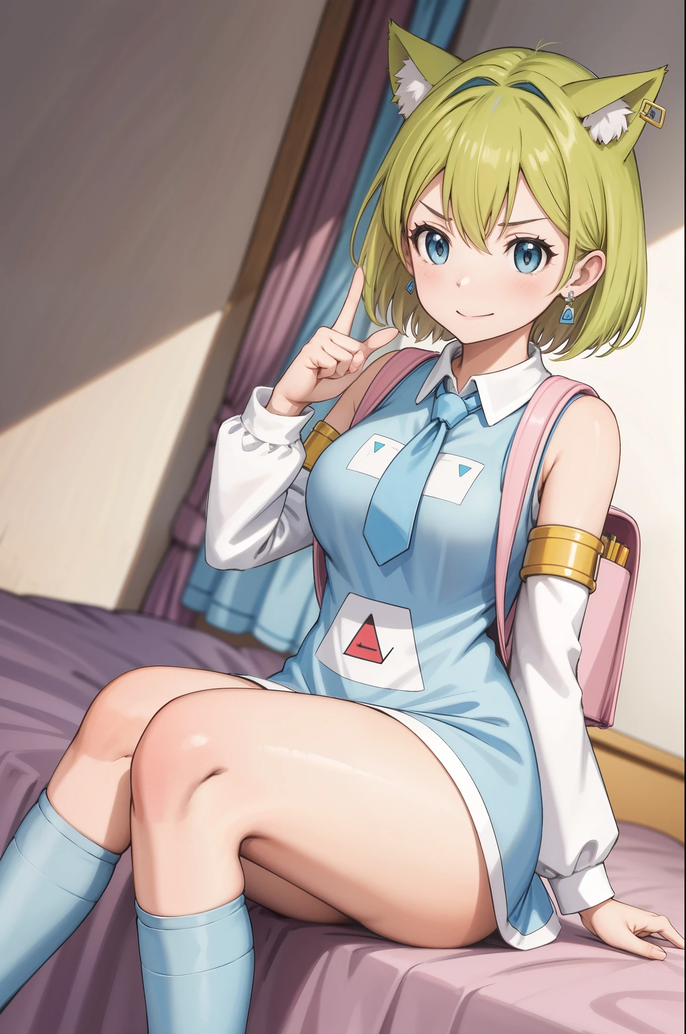 triangle shaped tie, deltamon,1girl, solo, pov, green hair, cat ear, tail, detached sleeves, dress, earrings, backpack, randoseru, mechanical knee joint, triangle shaped tie, break, short hair, bob cut, (((4 defined fingers))), (((1 defined thumb))), (looking at viewer), break, ((solo)), (1 woman), ((25 years old)), ((highest quality)), ((masterpiece)), (familiar), skindentation, perfect face, 8k , break, blue eye, medium breasts, perfect limbs, (dutch angle), from below, breast focus, dynamic pose, sexy pose, (Girl's room, bright room, sitting on bed, lost in thought),