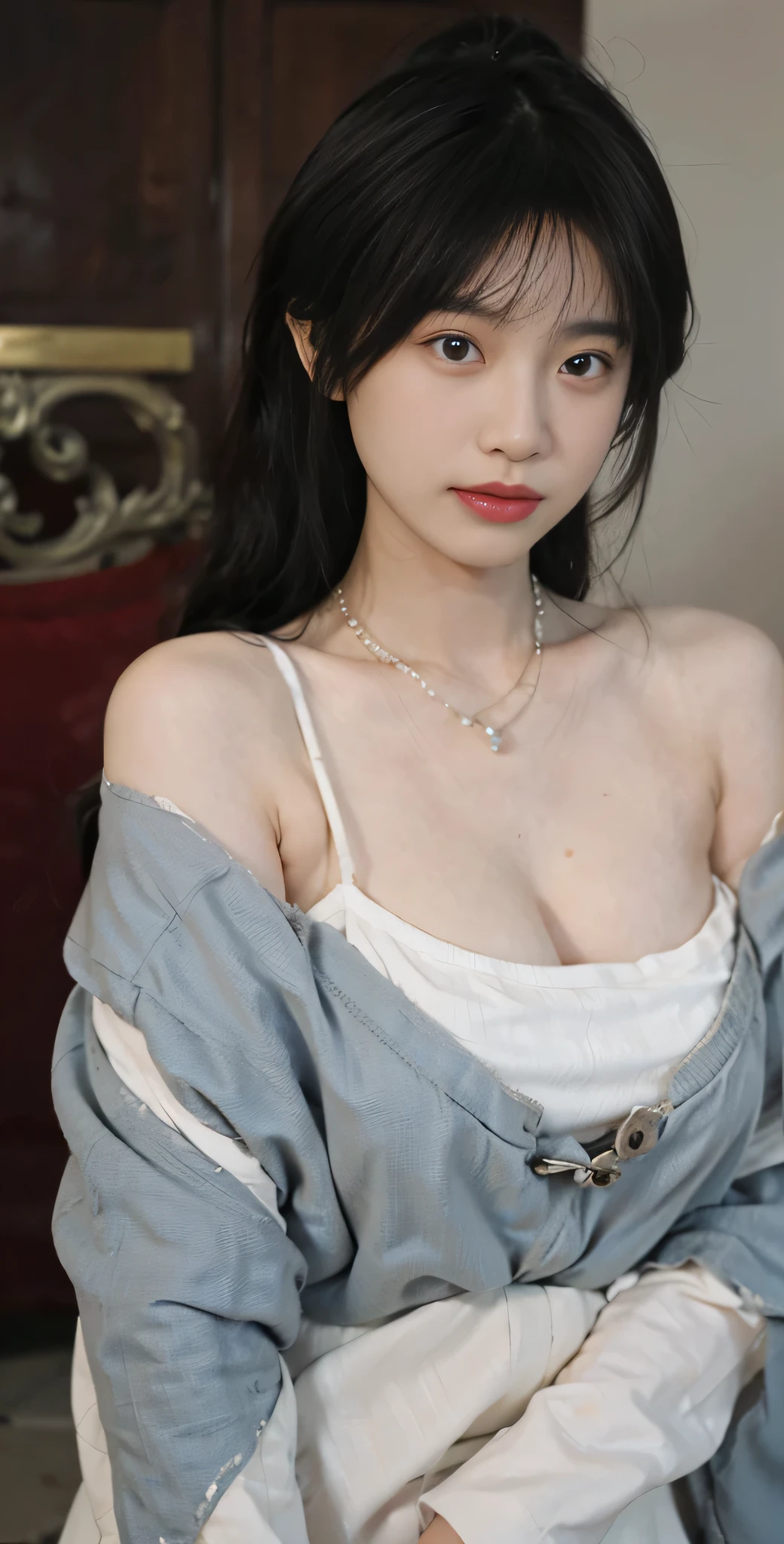 best quality， ultra high resolution， （realistically：1.4），cute hairpin，Baoyu Girl，（flat chest：1.2） ，A pair of clear and charming peach blossom eyes,Royal sister，The sun shines on the face，Big wavy hairstyle，（necklace：1.2），（White skin：1.4），a sense of atmosphere，a beautiful girl，Looking directly at the viewer， Close-up cleavage ，(lifelike:1.4),1 girl,Sexy,(Upper body:1.4),(wet),(:1.2)