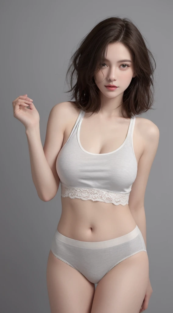 movie lighting、Perfect、soft light、high resolution skin:1.2、Realistic skin texture、30 years old adult、No makeup、Detailed beautiful eyes、short hair、Dark brown hair、Bust G cup、huge breasts、、cool pose、gray background、whole body,long legs,Standing,8K quality,simple clothing,Light clothing,underwear,輕薄underwear,Lace look,Fair complexion