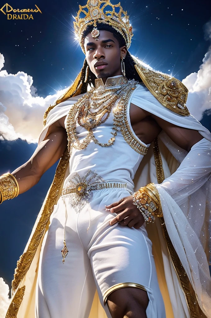 full length view of a male muscular African-American god, long white floating wavy Hair, diamond embroidered exquisite looking crown, diamond accessories, Transparent diamond embroidered exquisite crystal transparent drape majestic skimpy outfit, surrounded by crystal clouds and sky, crystal smoke magical powers emanating from his hands. he's in a dramatic action pose