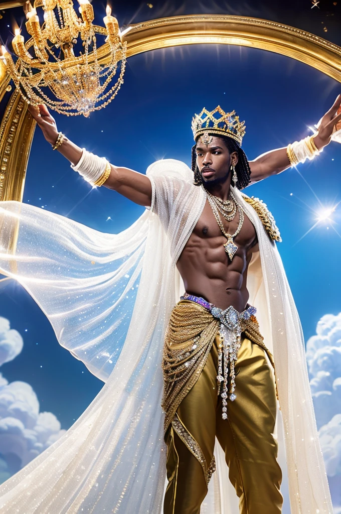 full length view of a male muscular African-American god, long white floating wavy Hair, diamond embroidered exquisite looking crown, diamond accessories, Transparent diamond embroidered exquisite crystal transparent drape majestic skimpy outfit, surrounded by crystal clouds and sky, crystal smoke magical powers emanating from his hands. he's in a dramatic action pose