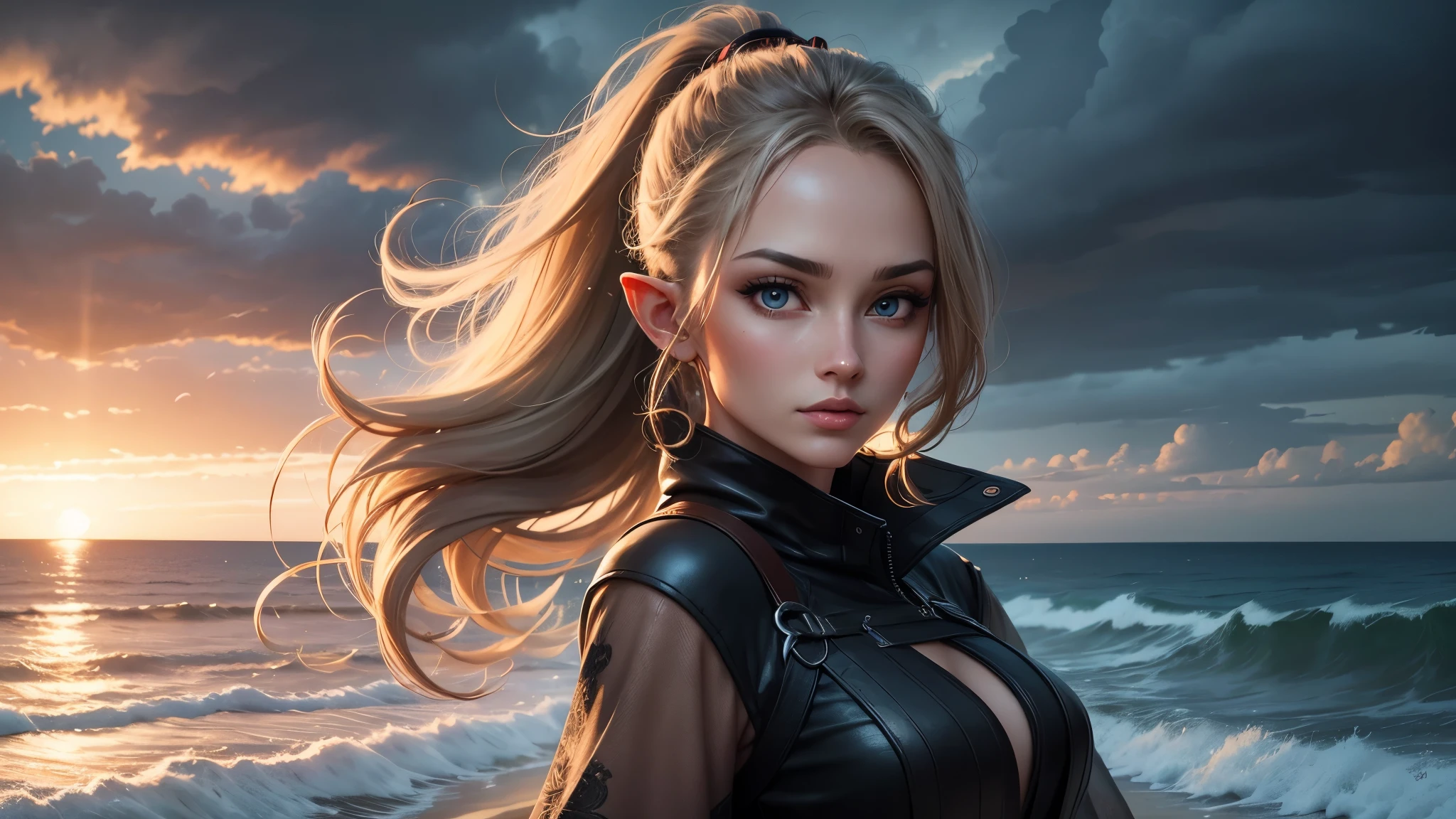 (best quality,ultra-detailed,highres:1.2),realistic,long-legged girl,(beautiful detailed eyes and face,high-resolution eyes),(beautiful detailed lips,high-resolution lips),(extremely detailed eyes and face:1.1),(long eyelashes:1.1),half-elf,model figure,(ash-colored ponytail:1.1),sexy pose,stormy beach,beach scene,graceful,wavy hair,stormy atmosphere,stormy sky,dramatic lighting,vivid colors,concept art style