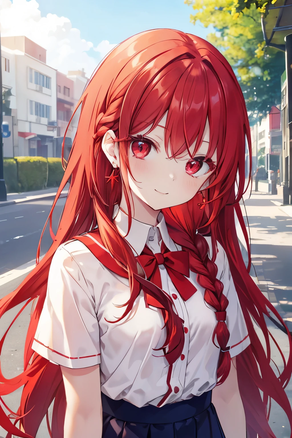 Red eyes with red hair、 girl、Small breasts、Braided long hair、smile、Gal-like、Wearing cute earrings、Summer Uniform、Add highlights around the eyes、Cute hairpin、The whole body is visible、School