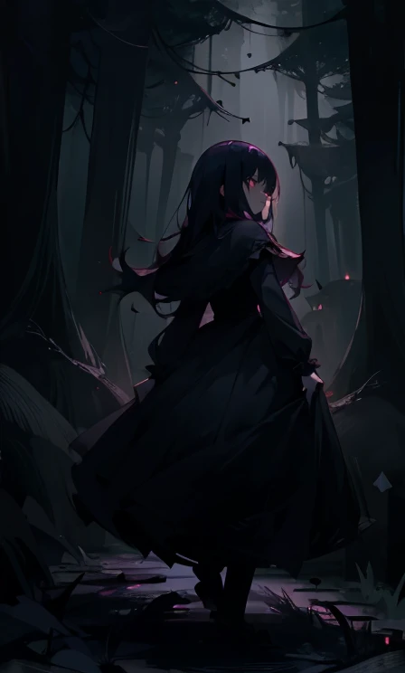 (highest quality), 1 Girl, :d,((Eerie Dark Forest:1.6)),(((Full Body:1.3))),(((((Cute clothes))))),Dark purple hair,Messy long hair,straight hair,red eyes,((Walking through a dark forest)),It's a very scary forest,Black gothic long dress,(Melancholy expression:1.5),((((It's very dark out there)))),Candles are hung on the trees on both sides,The candles light up the dark forest,