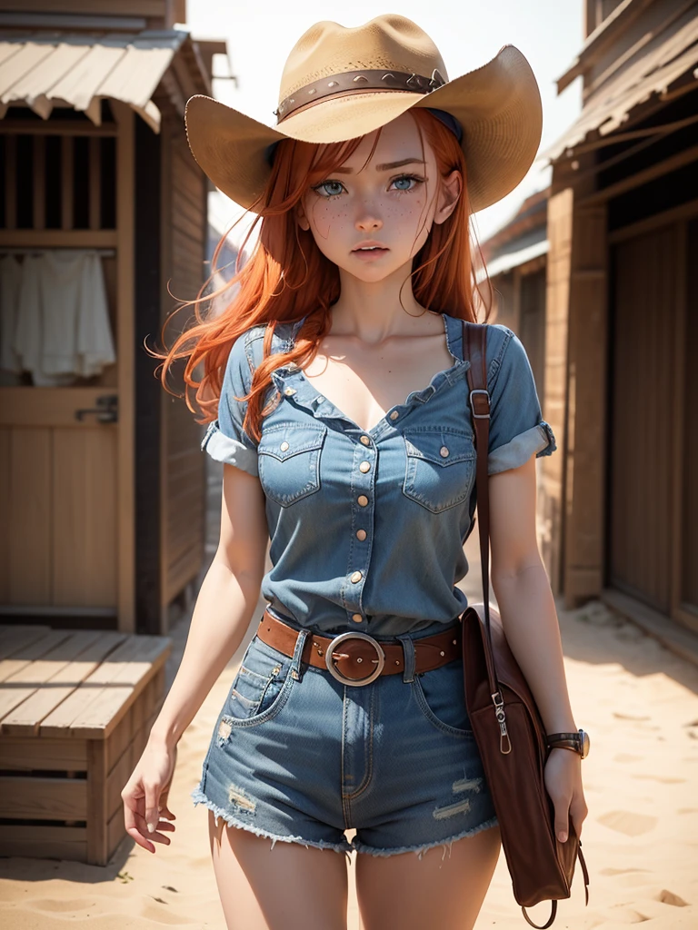 Generates an image featuring a single cowboy-style freckled, red-haired woman with blue eyes., 1 girl in the center、Utilize the perspective of a cowboy shot. Ultra short sleeve shirt、Costumes that expose the arms, Denim hot pants、belt、 And short cowboy boots. Wearing a watch、Place her in a Western nightscape., Surrounded by the warm tones of a cinematic sunset. Implement visual effects such as chiaroscuro, Depth of written boundary, Cinematic lighting to enhance overall composition from cowboy shot angles. Be sure to portray a blend of modern charm and Wild West charisma。. Use various SeaArt keywords for each category to enrich your expressions., Combining technical approaches with aesthetically captivating scenes、Shedding many three-dimensional tears、Intense crying