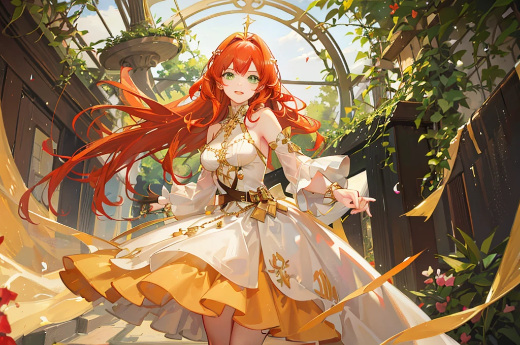 White skined young woman with freckles on her face. Green eyes. Long curly hair. Bright reddish orange hair color . Wearing plain white dress in Greek Style. She has a fantasy-style gold accessory on her head