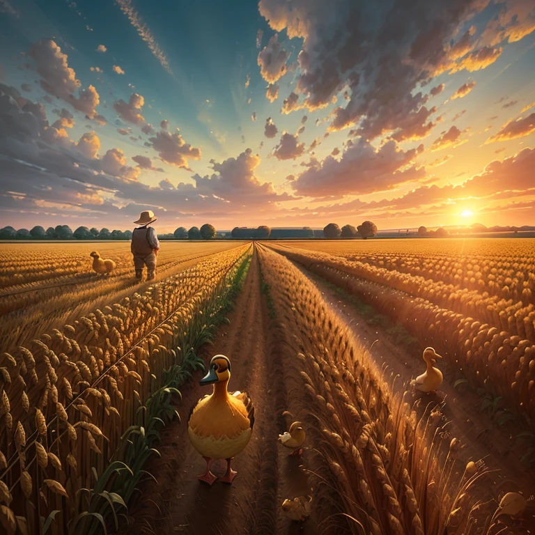 Picture a humanoid duck farmer in a quaint, rustic setting, standing in the midst of a lush wheat field. The sun peeks over the horizon, casting long shadows on the golden waves of wheat. The farmer, with a smile on their face, wears overalls stained with the earth's rich colors. Their arms are outstretched, holding a basket filled with plump, waddling ducks. The farmer's eyes sparkle with joy as they scan their land, taking in the beautiful sight before them.
The image is rendered in the highest quality, with a realistic texture that brings the scene to life. The wheat field stretches out as far as the eye can see, with each
