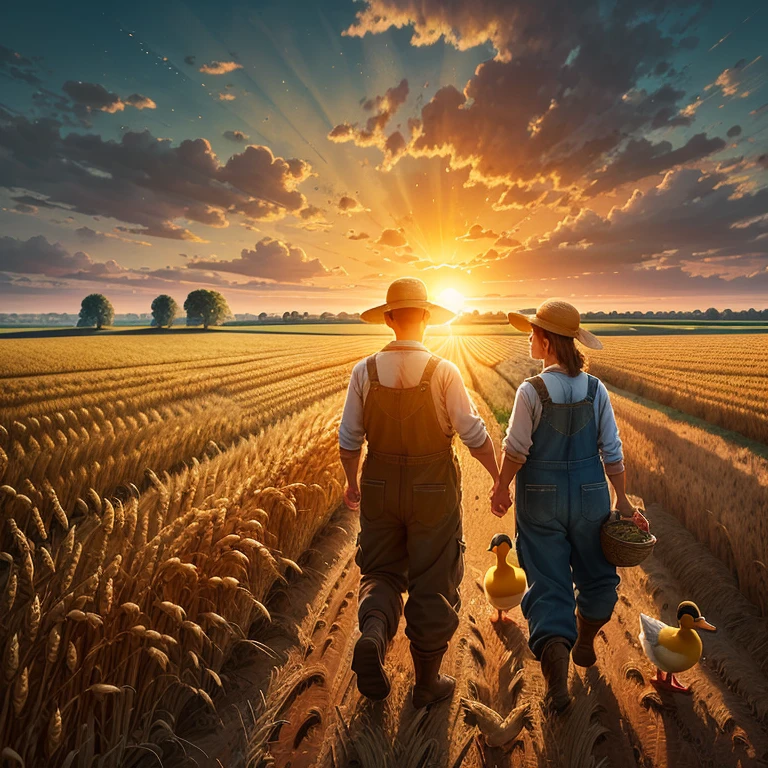 Picture a humanoid duck farmer in a quaint, rustic setting, standing in the midst of a lush wheat field. The sun peeks over the horizon, casting long shadows on the golden waves of wheat. The farmer, with a smile on their face, wears overalls stained with the earth's rich colors. Their arms are outstretched, holding a basket filled with plump, waddling ducks. The farmer's eyes sparkle with joy as they scan their land, taking in the beautiful sight before them.
The image is rendered in the highest quality, with a realistic texture that brings the scene to life. The wheat field stretches out as far as the eye can see, with each