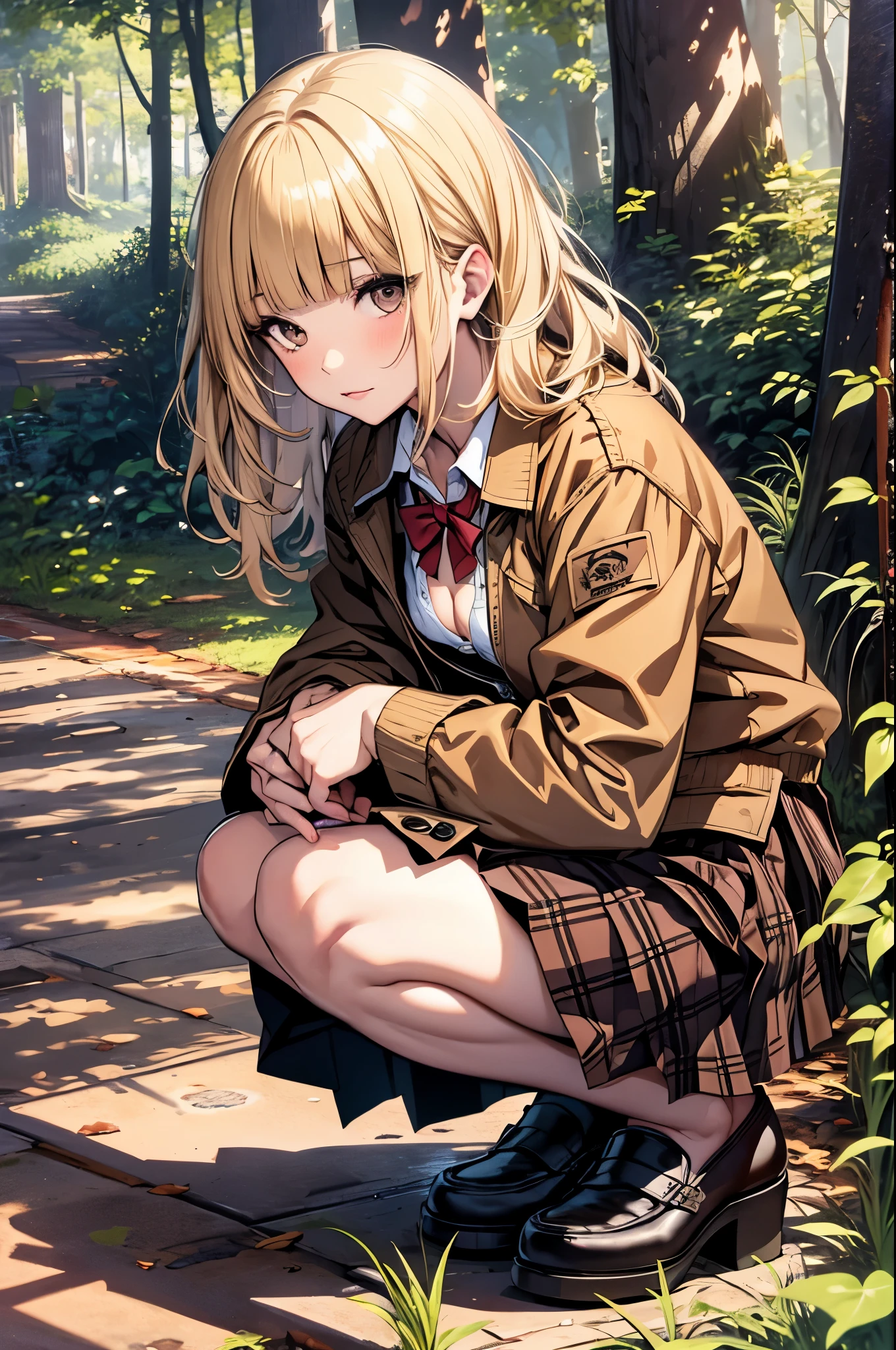 nsfw,(masterpiece,highest quality, Familiar), 1 girl, alone, forest, Dutch Angle,blonde,
Hana Midorikawa, Brown jacket, Collared shirt, ,Checked skirt,loafers, eyelash,Cowboy Shot,Cleavage,blush,(bow:1.3),(Skirt flip:1.3),No pants,squat,(Leg spread),(urination:1.3),orgasm