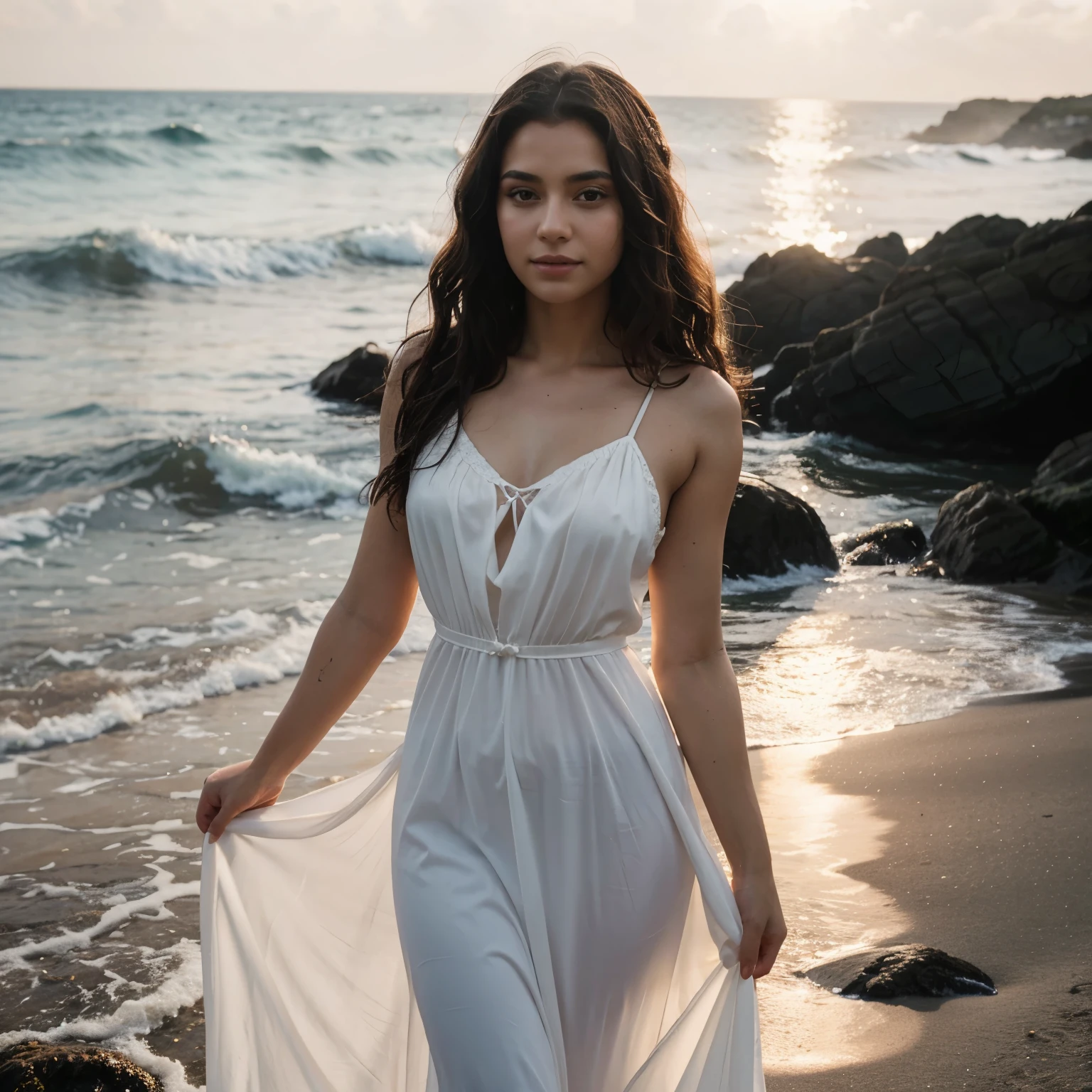 A very beautiful girl with curly dark hair, a slight smile on her face, with beautiful big eyes, in a long white silk dress comes ashore from the water, from the ocean. Late in the evening, the setting Sun plays with rays in the girl’s hair. Cinema frame, Hasselblad X2D, ultra-detailed, photorealistic, cinematic quality