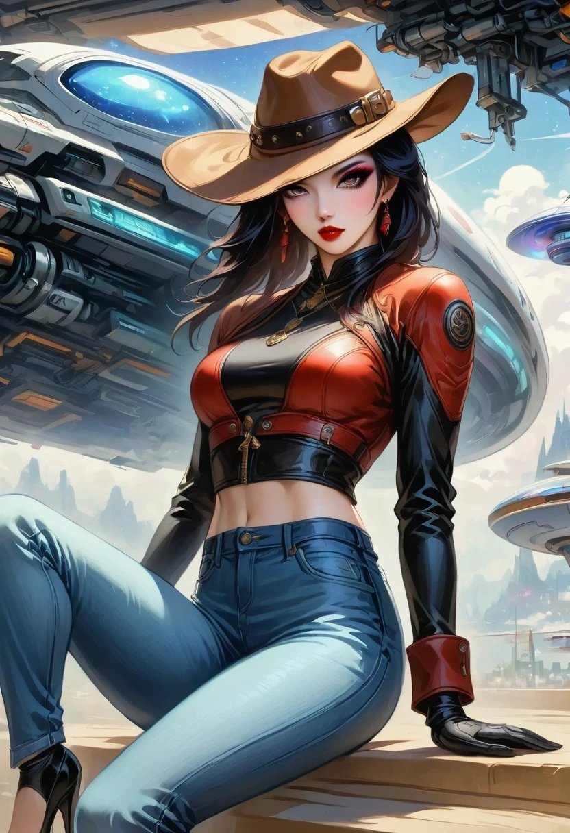 masterpiece, pale skin, red lips, light eyes, Eyeshadow, A beautiful woman wearing a stylish cowboy hat in an alien spaceship，Cyberpunk cowboy in starship，Futuristic starry sky background，Alien Technology，Mechanical Cowboy，Wearing a red and black mechanical suit, Mafia style mechanical suit,Wearing a stylish cowboy hat，Jeans and high heels, Very detailed body, Alien Technology in detail, Chiaroscuro, Natural light, Very detailed, Magnificent starry sky