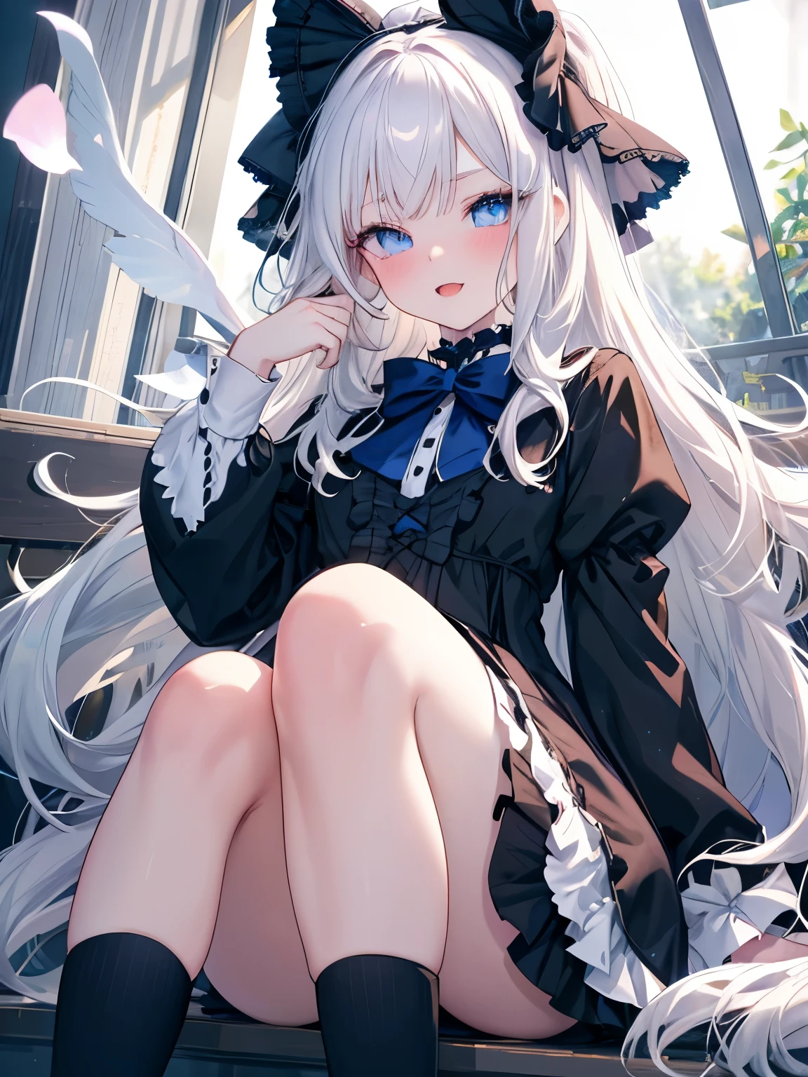 Masutepiece, Highest Quality, (Perfect face:1.1), (high detailing:1.1), (ultradetailed eyes),Dramatic,superfine illustration,Extremely detailed,1girl in,ager,(pale skin),long white hair,Ethereal eyes,Simple eyes,empty eyes,Blue eyes,blush,Solo,Smile,Happy,Laugh,Enjoy, Open mouth,Pouty lips,Cinematic lighting,upper body,Long sleeve,Gothic lolifrilld,bow ribbon,knee high socks,morning