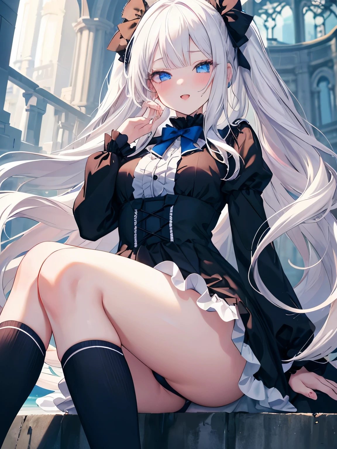 Masutepiece, Highest Quality, (Perfect face:1.1), (high detailing:1.1), (ultradetailed eyes),Dramatic,superfine illustration,Extremely detailed,1girl in,teenager,(pale skin),long white hair,Ethereal eyes,Simple eyes,empty eyes,Blue eyes,blush,Solo,Smile,Happy,Laugh,Enjoy, Open mouth,Pouty lips,Cinematic lighting,upper body,Long sleeve,Gothic lolita, frilld,bow ribbon,knee high socks,morning