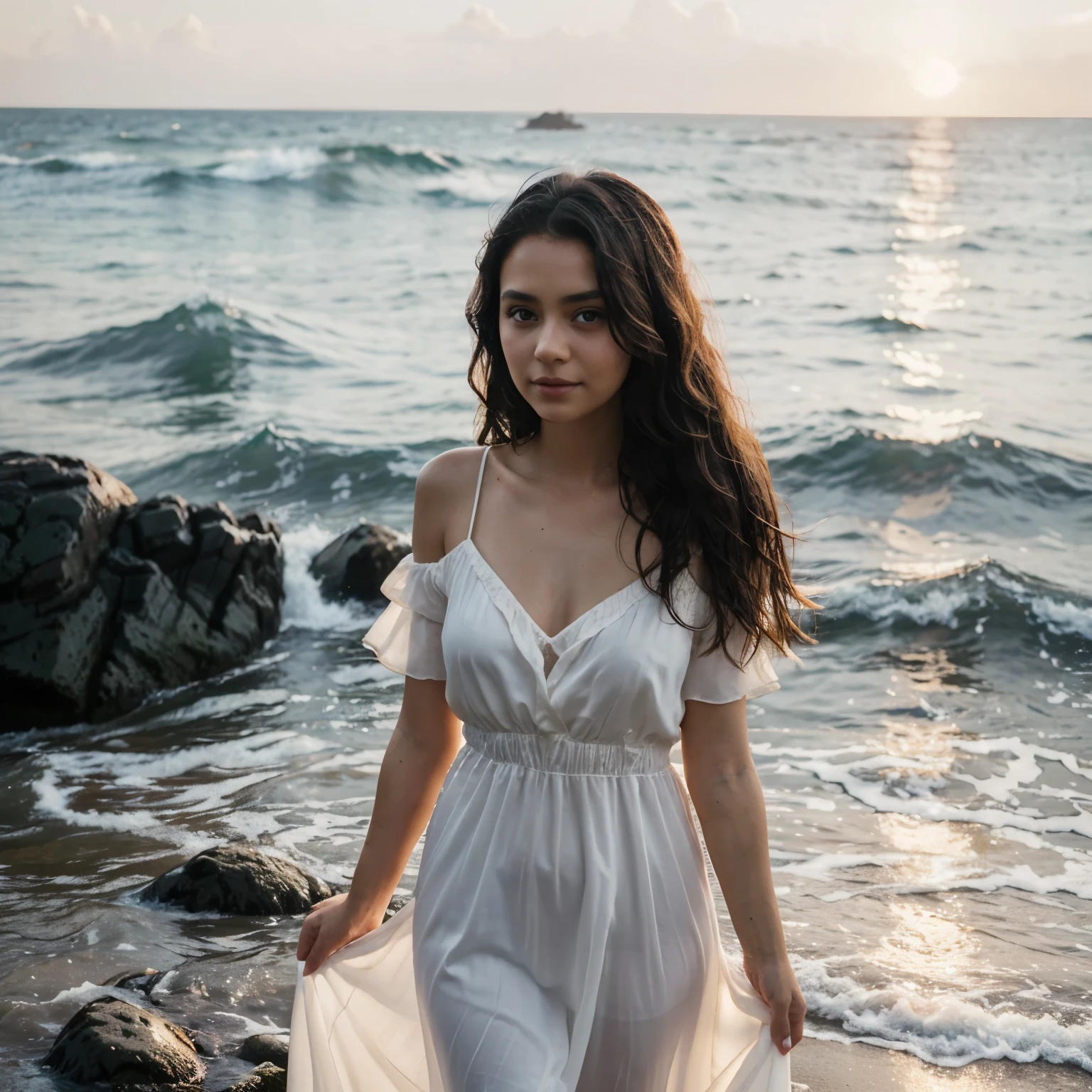 A very beautiful girl with curly dark hair, a slight smile on her face, with beautiful big eyes, in a long white silk dress comes ashore from the water, from the ocean. Late in the evening, the setting Sun plays with rays in the girl’s hair. Cinema frame, Hasselblad X2D, ultra-detailed, photorealistic, cinematic quality
