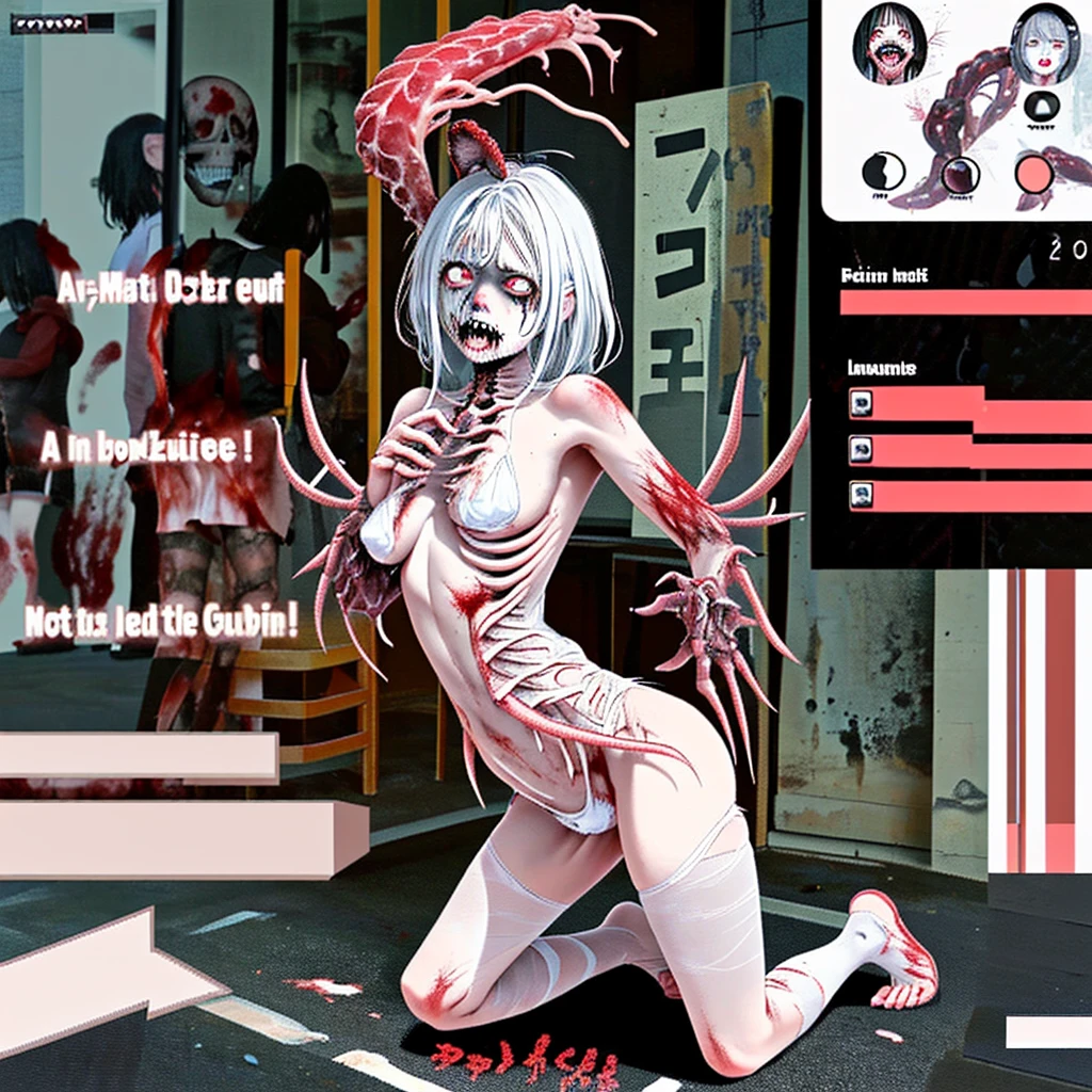 Zombie ,With vampire teeth,lie on the floor,Show crotch,White and transparent,凸起Sexy,There are on the street,Watch,Spread the joy of leg presses,Clothes are tattered,There are bite marks on the body,View from the side,pained expression,Sexy,forward and backward,Half-kneeling position,His whole body is covered with blood,crazy,Bite marks all over the body,Skin changes,Grow claws,The main character is biting another ,Cultivated meat wings,Grow a tail made of red flesh,Spread your legs,Growing extra tentacles,The body is crawling with parasites,Explicit,the skin is transparent,Exposing the bones inside