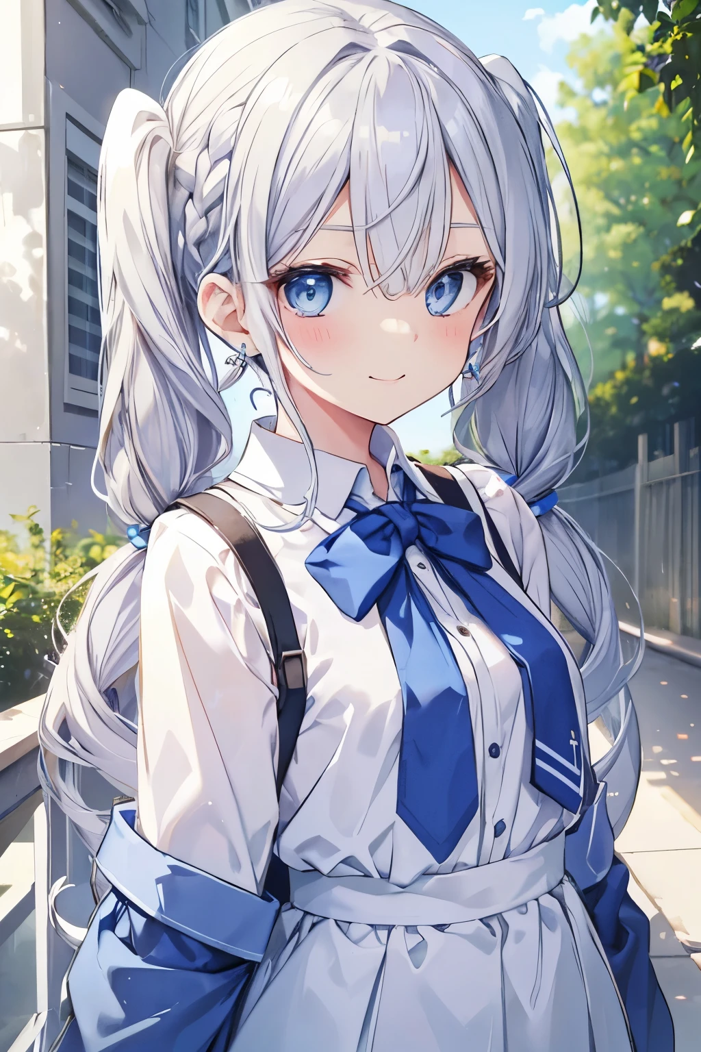 Silver-haired blue eyes、 girl、Small breasts、braided twin tails、smile、Gal-like、Wearing cute earrings、Summer Uniform、Add highlights around the eyes、Cute hairpin、The whole body is visible、School
