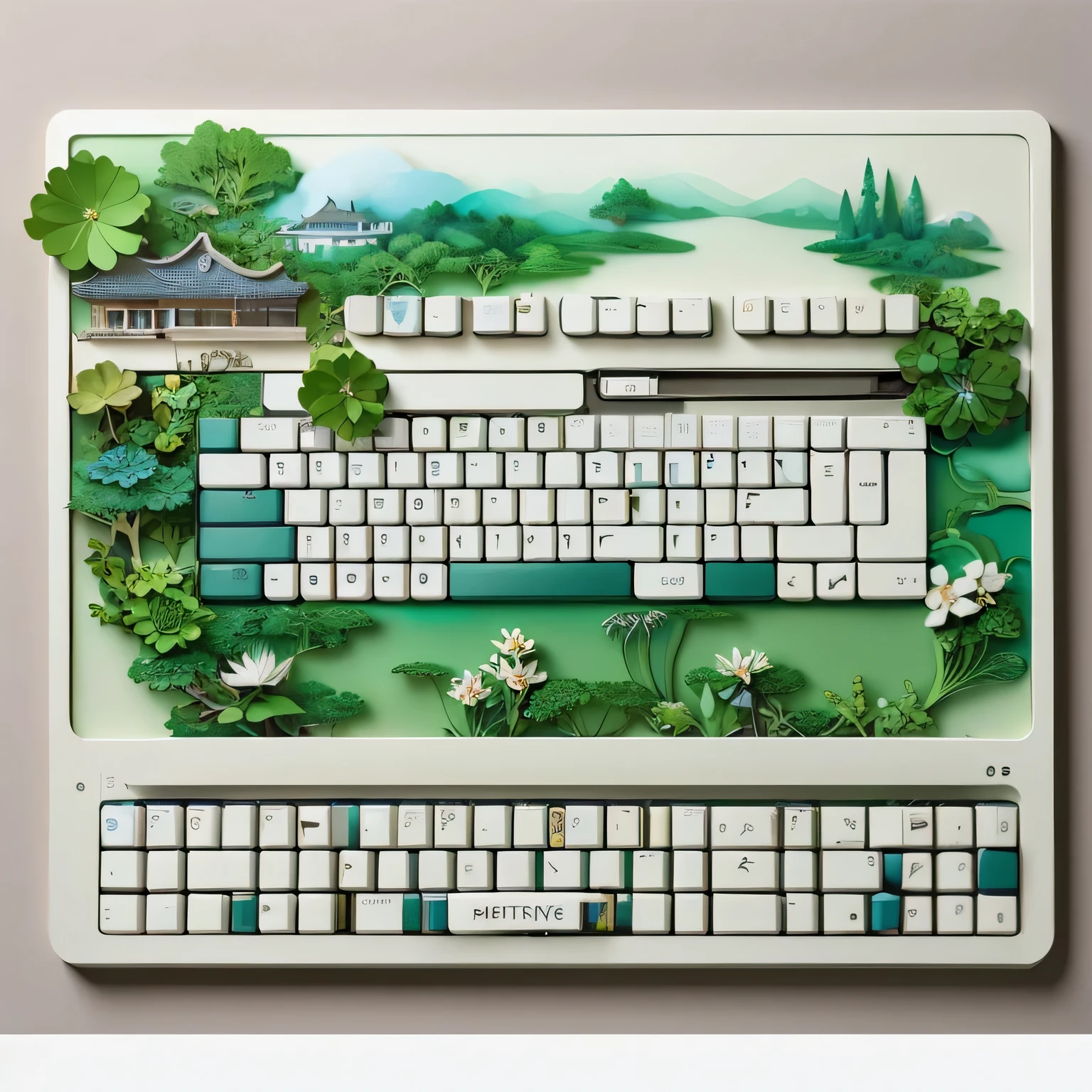 there is a keyboard with a picture of a garden on it, mechanical keyboard, Multi-layered artwork, keyboard, Detailed digital 3D art, Beautiful digital art work, The art of layered paper, Stunning artwork, keyboards, Complex digital artwork, desktop photography, layered paper style, Hyper-realistic mixed media, 3 d digital art, 3D digital art, The art of meticulous perfection