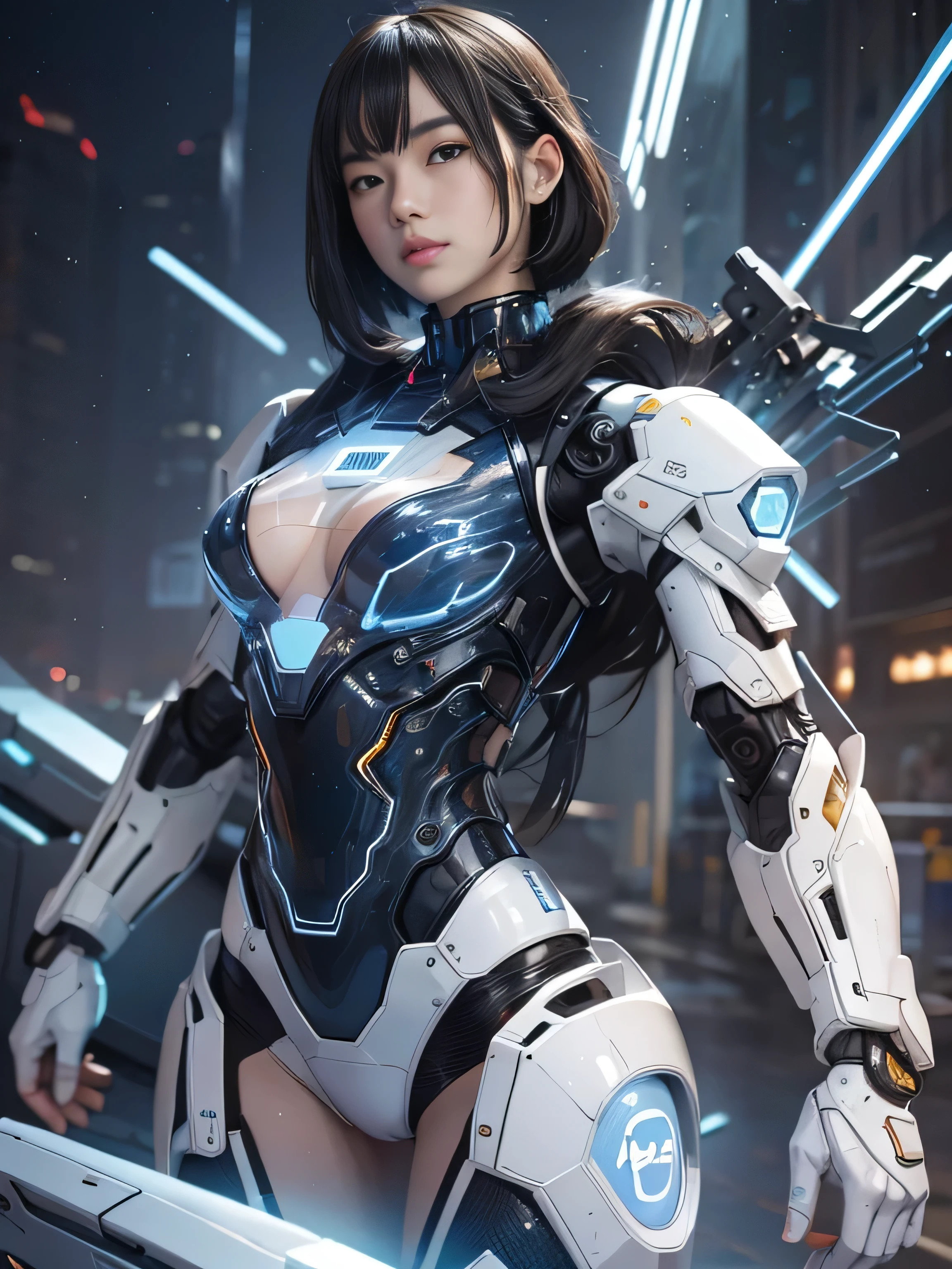 RAW Image Quality, 1 girl, 14 years, rough skin, Very detailed, Advanced Details, high quality, 最high quality, High resolution, 1080p, hard disk, beautiful,(Gundam),beautiful cyborg woman,large body,((Wearing Futuristic Transparent Reinforced Plastic Machine Parts。:1.4)), Bust top covered with transparent mechanism, Mechanically protected front groin, The bare skin of the large body is exposed., large body naked, perfect ratio, Huge , (He carries a lot of weapons on his back..:1.4), (hero pose), full body shot, (Short-cut straight hair that looks beautiful in blue and white:1.4), folded building background, a city engulfed in flames, ((The blue LED on the bust top glows strongly:1.4)), Biologically correct,
