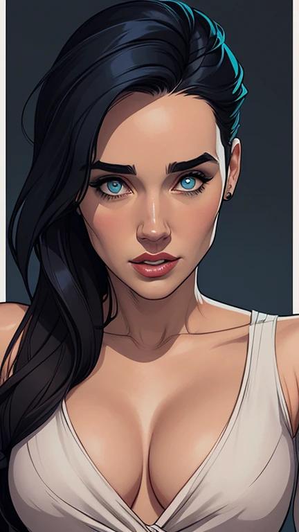 Personagem mulher ninja Jennifer Connelly com marcas de guerras Imagem de desenho animado de uma mulher .cartoon style illustration, estilo de arte dos desenhos animados, estilo de arte dos desenhos animados, digital illustration style, design de personagens altamente detalhado, arte digital detalhada coragem, Cemetery fan art with zombies, Design de personagens de retrato, beautiful digital illustration, retrato de alta qualidade, Arte em quadrinhos, mulher jovem cabelo com transas lindas . Beautiful lined eyes Medium large bust and wonderful sexy clothes. image expression of sexual desire from waist to head illustration Jennifer Connelly 