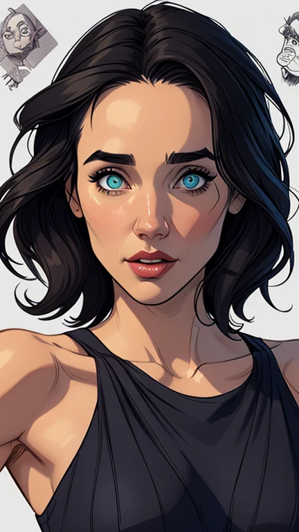 Personagem mulher ninja Jennifer Connelly com marcas de guerras Imagem de desenho animado de uma mulher .cartoon style illustration, estilo de arte dos desenhos animados, estilo de arte dos desenhos animados, digital illustration style, design de personagens altamente detalhado, arte digital detalhada coragem, Cemetery fan art with zombies, Design de personagens de retrato, beautiful digital illustration, retrato de alta qualidade, Arte em quadrinhos, mulher jovem cabelo com transas lindas . Beautiful lined eyes Medium large bust and wonderful sexy clothes. image expression of sexual desire from waist to head illustration Jennifer Connelly 