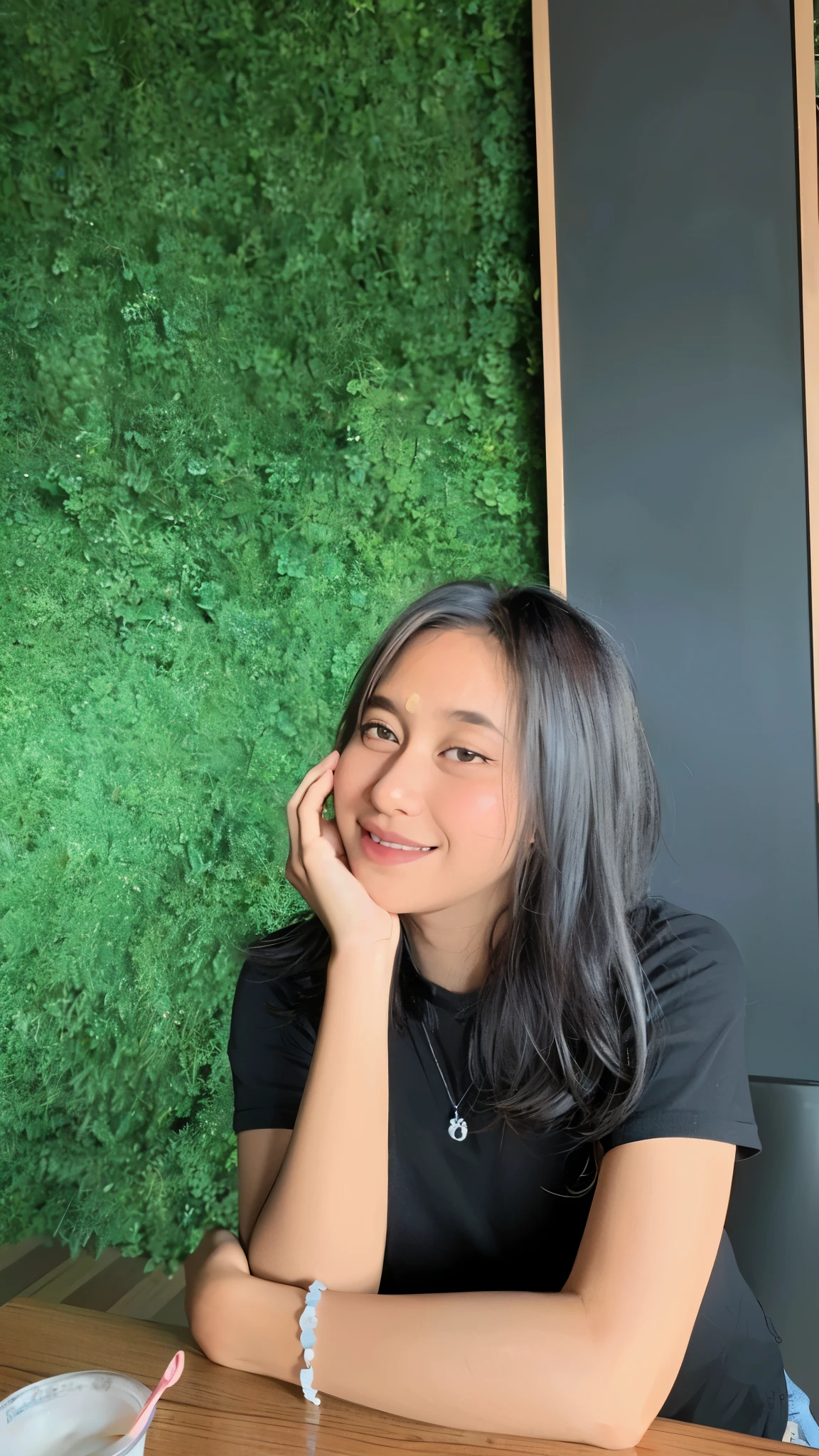 there is a woman sitting at a table with a cup of coffee, captured on canon eos r 6, mid shot portrait, shot on canon eos r 5, shot on canon eos r5, portrait shot 8 k, taken with canon eos 5 d mark iv, close up potrait, profile portrait, headshot profile picture, in front of a forest background