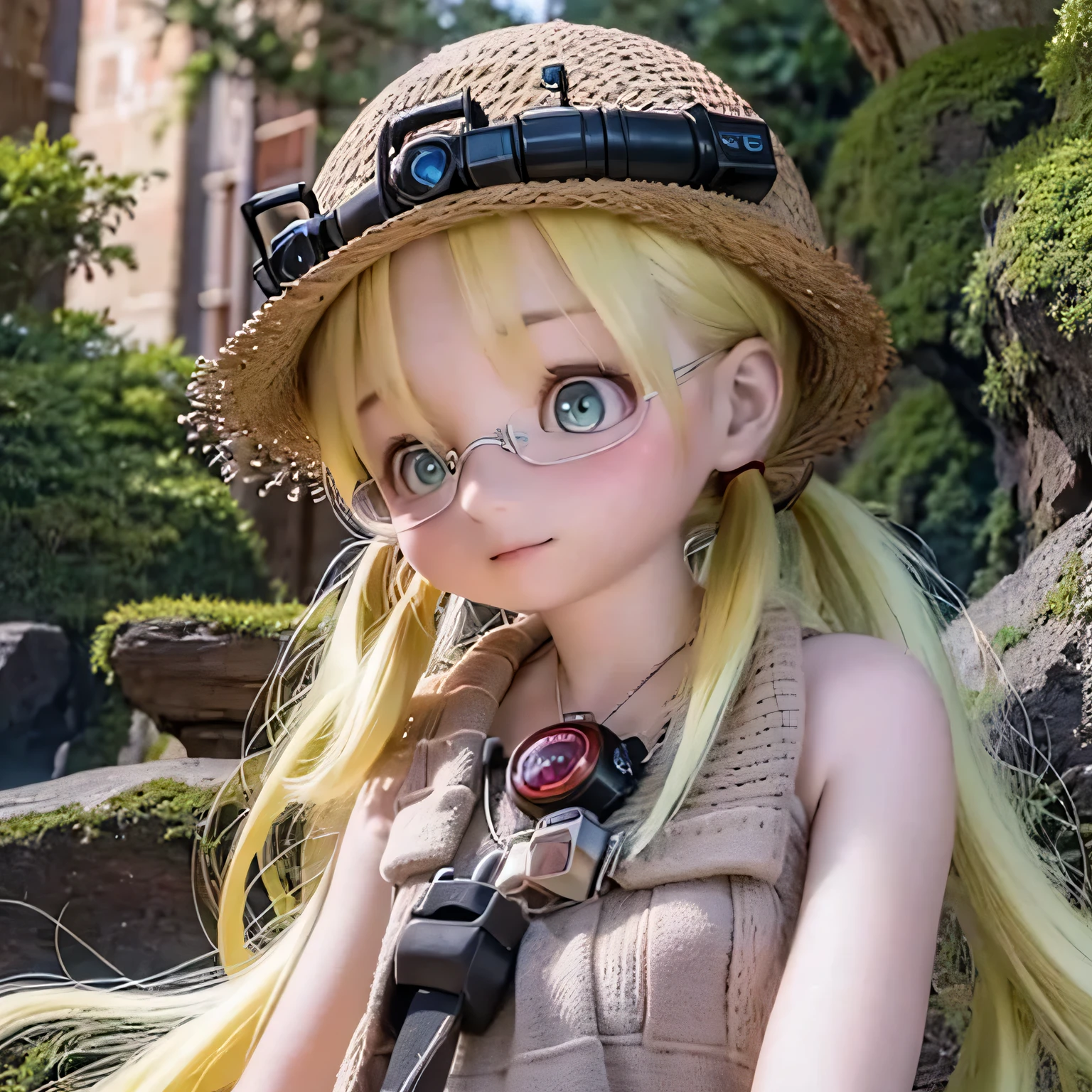 (best quality,ultra-detailed,realistic),anime style,Lyza,Riko,Made in Abyss,detailed eyes,detailed lips,illustration,beautiful background,natural lighting,vivid colors,sharp focus,adventurous scene,hot spring,steamy atmosphere,deep cave,black rim run