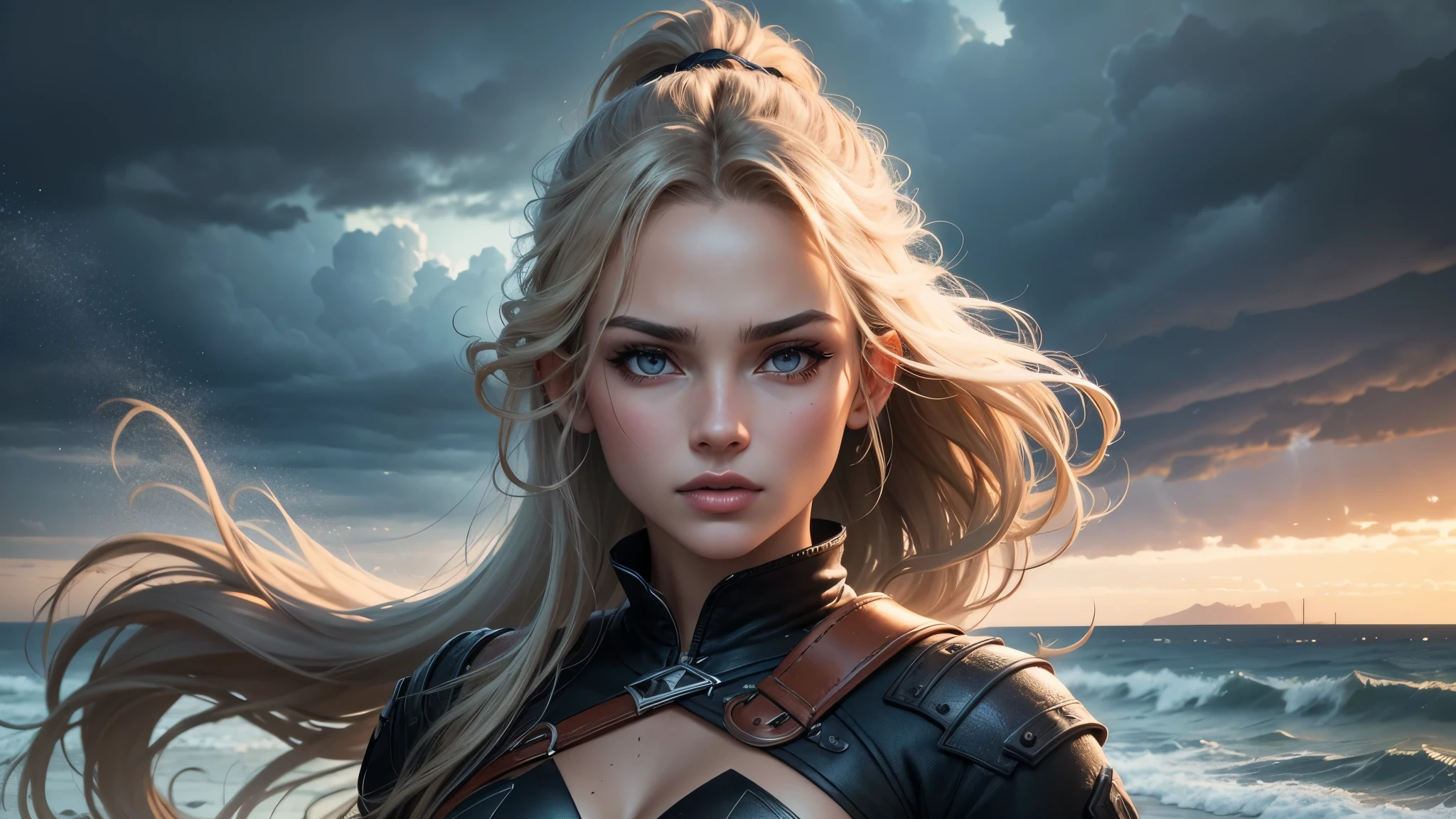 (best quality,ultra-detailed,highres:1.2),realistic,long-legged girl,(beautiful detailed eyes and face,high-resolution eyes),(beautiful detailed lips,high-resolution lips),(extremely detailed eyes and face:1.1),(long eyelashes:1.1),half-elf,model figure,(ash-colored ponytail:1.1),sexy pose,stormy beach,beach scene,graceful,wavy hair,stormy atmosphere,stormy sky,dramatic lighting,vivid colors,concept art style
