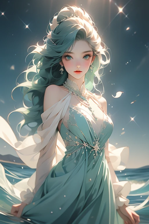 green eyes full of ethereal sadness, porcelain skin, green hair flowing in waves down to her waist, slender figure with a grace of an otherworldly power, gown made from the shimmering fabrics of the sea, adorned with icy stars, pearls and iridescent blue sapphires