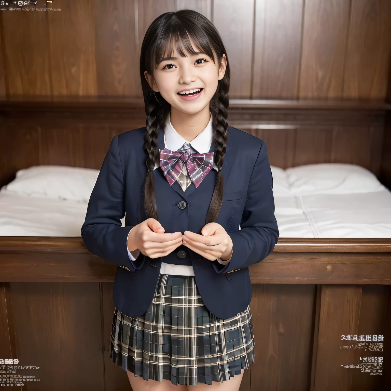 (highest quality、masterpiece:1.2)、highest quality、Realistic、photograph、High resolution、1080p、8K、The face is especially pale., Physical Rendering、((Height: 155cm)), one Japanese girl、((((((A 15-year-old succubus in the form of a beautiful Japanese magazine fashion model is trying to grab the viewer with both hands and play tricks on him.)))))), School uniforms worn by popular beautiful fashion models, (((big very detailed beautiful dark brown eyes))), ((blue girly large wine-red glossy polyester Japanese school ribbon bow tie)), (((black very beautiful and very very long braids hair))), ((((deep blue colored tartan checkered formal long pleated blue pleated skirt)))), ((A unpatterned formal dark blue blazer in solid that is slightly oversized and has an emblem on the left chest.)), (((((((laughing at me!))))))), Mouth open, The large blazer and skirt are very cute., detailed fingers, ((curled bangs)), Very beautiful succubus, ((Very large and very very very cute eyes of a Japanese girl, drawn with great care and attention to detail.)), double eyelids, Thin eyebrows, ((drooping eyes)), (((very long eyelashes))), ((cute lovely lovely laughing laughing cheeks)), ((Pure white light hits her face from above and in the front, making her skin and eyes shine beautifully.)), ((Strong light hits the nose and cheeks、It brings out the richness of the expression.)), (((((Her face is expressive, pure, very cute and intelligent.))))), ((tilting one's head))