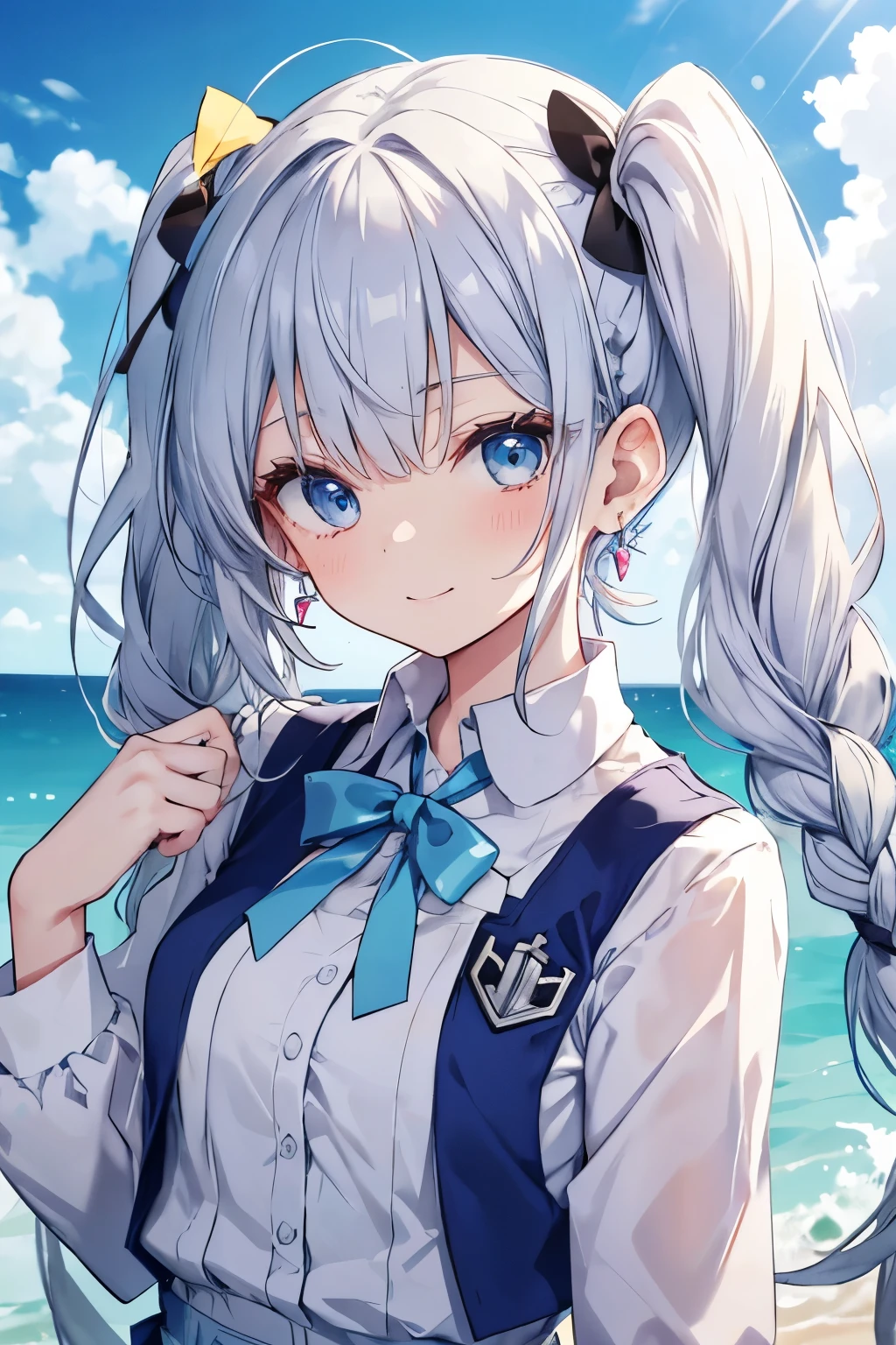 Silver-haired blue eyes、 girl、Small breasts、braided twin tails、smile、Gal-like、Wearing cute earrings、Summer clothes、uniform、Add highlights around the eyes、Cute hairpin、The whole body is visible、School