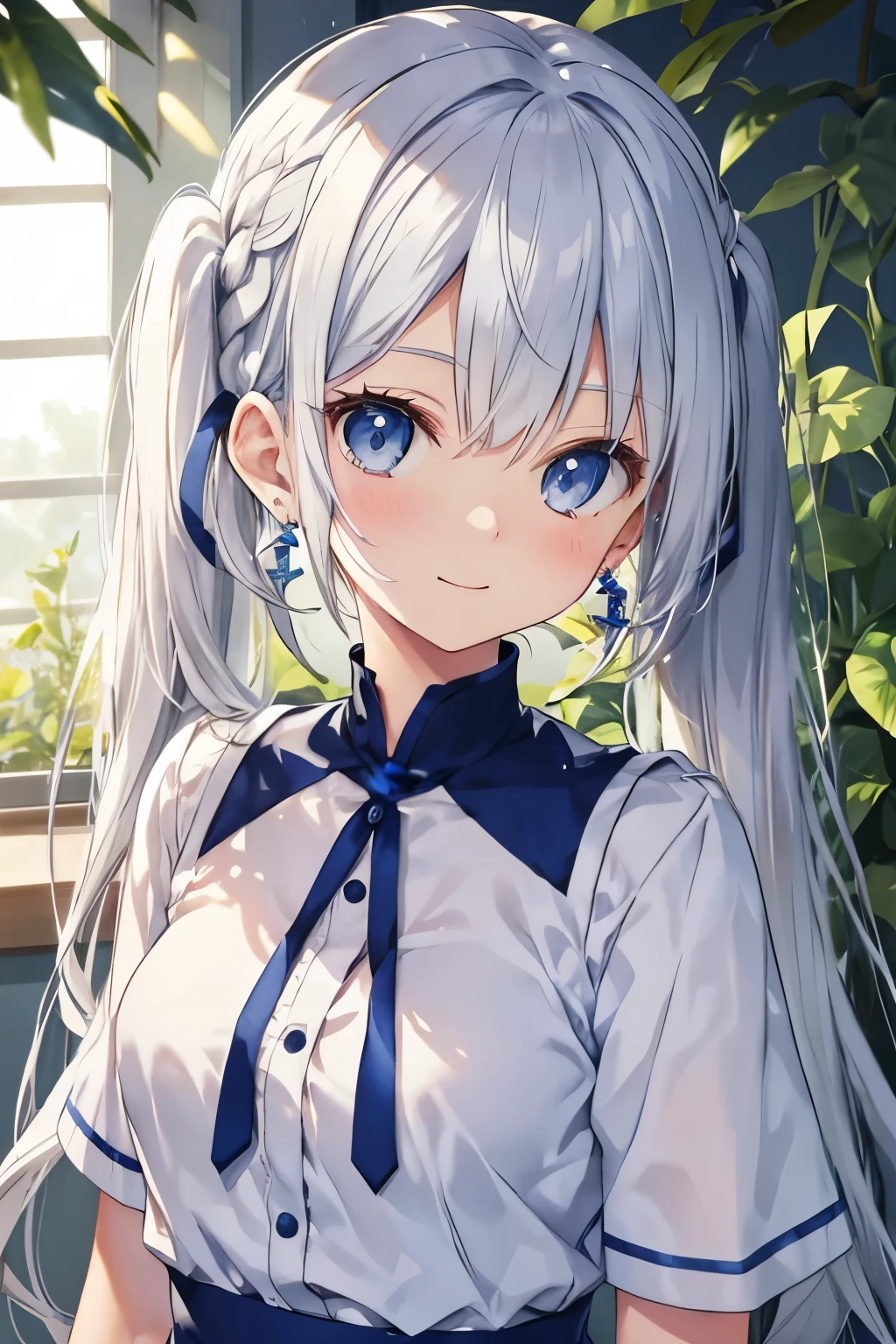 Silver-haired blue eyes、 girl、Small breasts、braided twin tails、smile、Gal-like、Wearing cute earrings、Summer clothes、uniform、Add highlights around the eyes、Cute hairpin、The whole body is visible、School