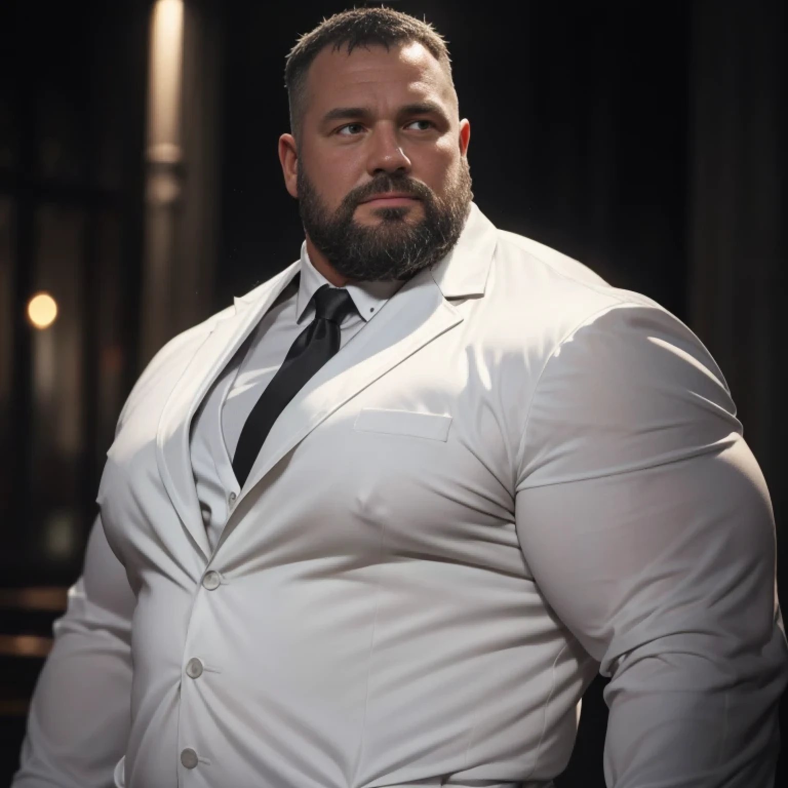 An award-winning original photo，A wild fat man, (40 years old daddy:1.1), 1boy, Solo, (black suit), (white dress shirt), (top fully opened), (big shoulderusculature, stubbles, Short beard, Beautiful eyes:1.3), (Detailed face:1.3), Dynamic Angle, volumetric lighting, (Best quality, A high resolution, Photorealistic), Cinematic lighting, Masterpiece, RAW photo, Intricate details, hdr, depth of field,extreme close up, 