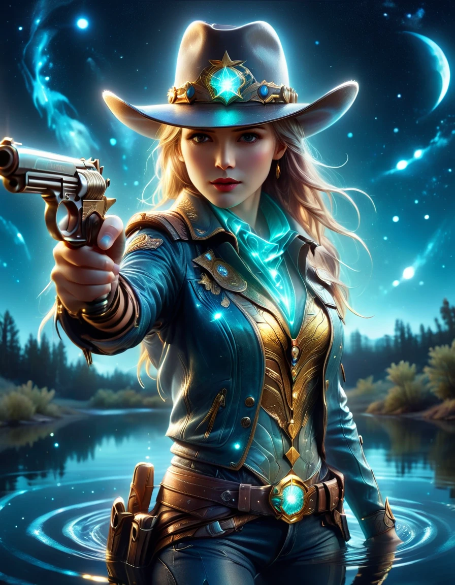 (Pond in the Galactic Universe), (Panorama: 1.4), (Beautiful pond in interstellar darkness), Starlight illuminates the pond, (1girl), (in western cowboy costume), (cyberpunk cowboy costume), futuristic technology interstellar cowboy, shining in the moonlight, gun in both hands, aiming at you, (ultra-detailed: 1.5), (cowgirl glow in the water: 1.2), starlight poetic, dream, fantasy, dark environment Soft moonlight reflected in the water, 8K, ultra-realistic, very, beautiful digital artwork, (light blue, cyan, gold: 1.2), realistic digital art, soft light, (very : 1.4), ((masterpiece)), (exquisite detail, beautiful: 1.3), (1.4 times realistic)