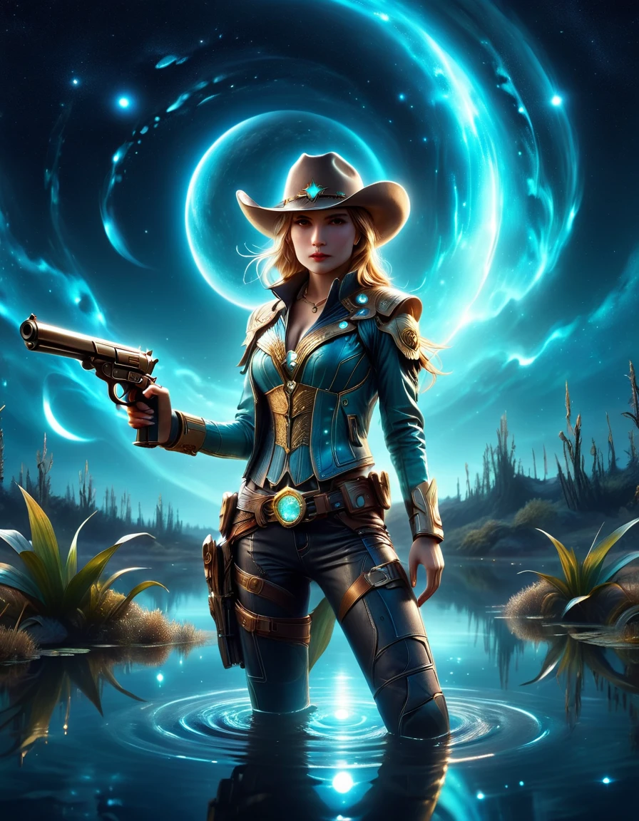 (Pond in the Galactic Universe), (Panorama: 1.4), (Beautiful pond in interstellar darkness), Starlight illuminates the pond, (1girl), (in western cowboy costume), (cyberpunk cowboy costume), futuristic technology interstellar cowboy, shining in the moonlight, gun in both hands, aiming at you, (ultra-detailed: 1.5), (cowgirl glow in the water: 1.2), starlight poetic, dream, fantasy, dark environment Soft moonlight reflected in the water, 8K, ultra-realistic, very, beautiful digital artwork, (light blue, cyan, gold: 1.2), realistic digital art, soft light, (very : 1.4), ((masterpiece)), (exquisite detail, beautiful: 1.3), (1.4 times realistic)