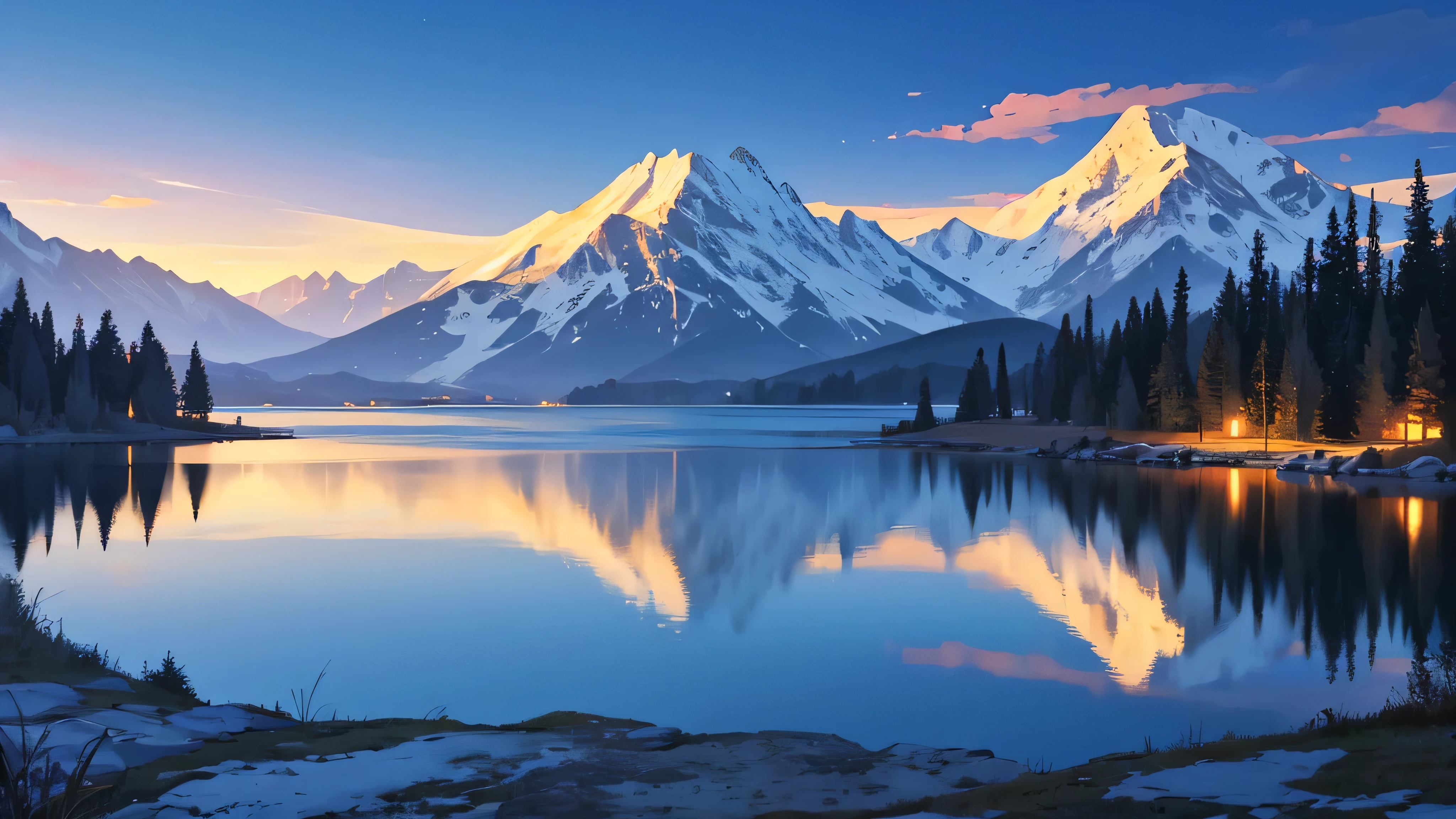 night, mountain range in the background, the lake in front of the mountains, An ancient city glows on the other side of the lake