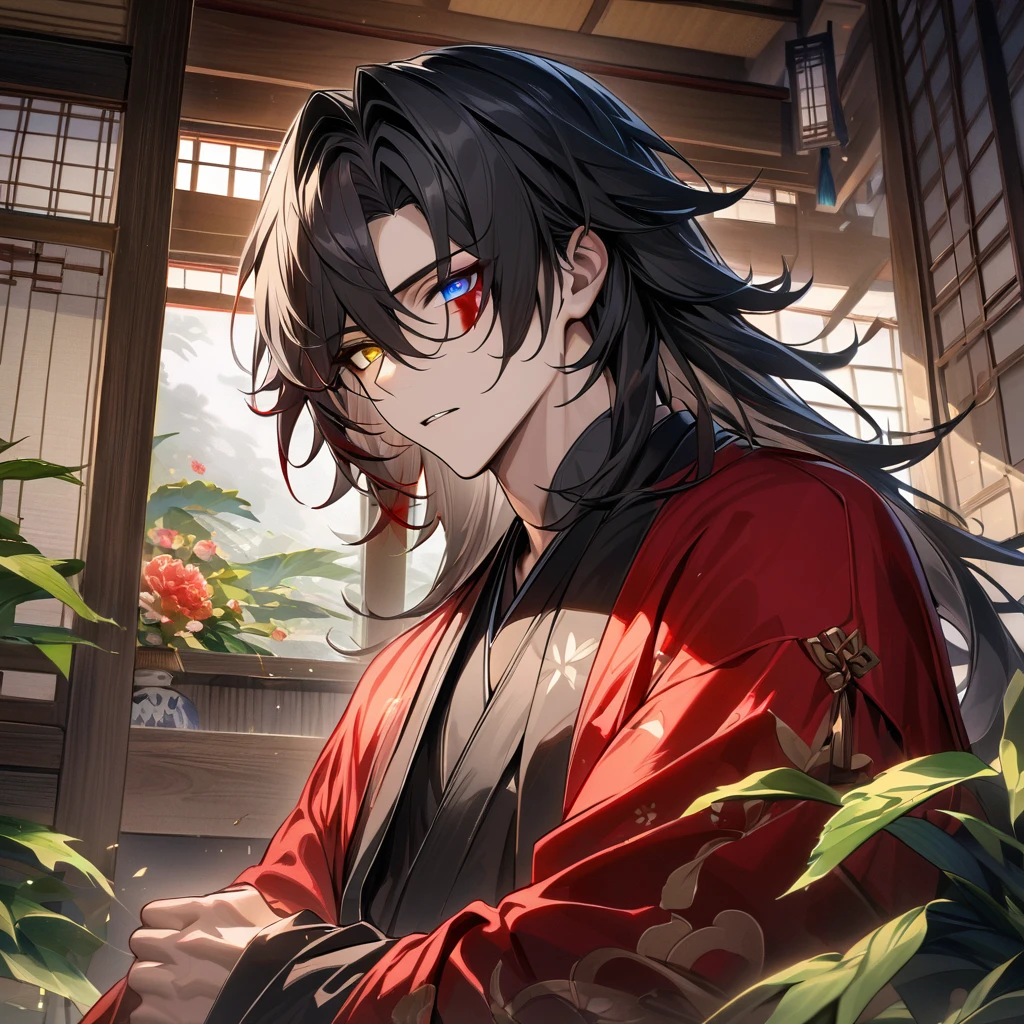 absurdres, highres, ultra detailed, HDR, master piece, best quality, Blade, black long hair, heterochromia, red left eye, yellow right eye, solo, 1 adult man, extremely handsome, black kimono, red haori, Honkai star rail, extremely detailed face and eyes, inside a Japanese traditional house, green leaves, flowers, face stained with blood