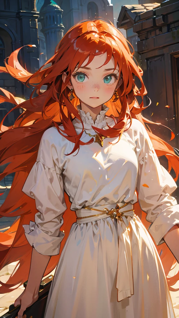 White skined young woman with freckles on her face. Green eyes. Long curly hair. Bright reddish orange hair color . Wearing plain white dress in Greek Style. She has a fantasy-style gold accessory on her head 