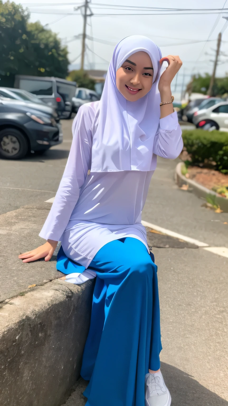 ((Masterpiece), Top Quality, malay Girl,wear hijab, (High School Uniform), , Silver Shorthair, Blue Eyes, (Skirt Deflected), (White Panties), (Small), Perfect Anatomy